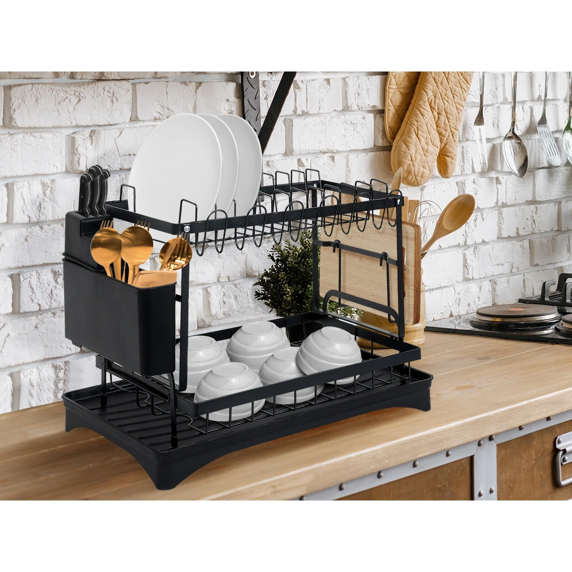 2 Tier Kitchen Storage Dish Rack Drainer - Black