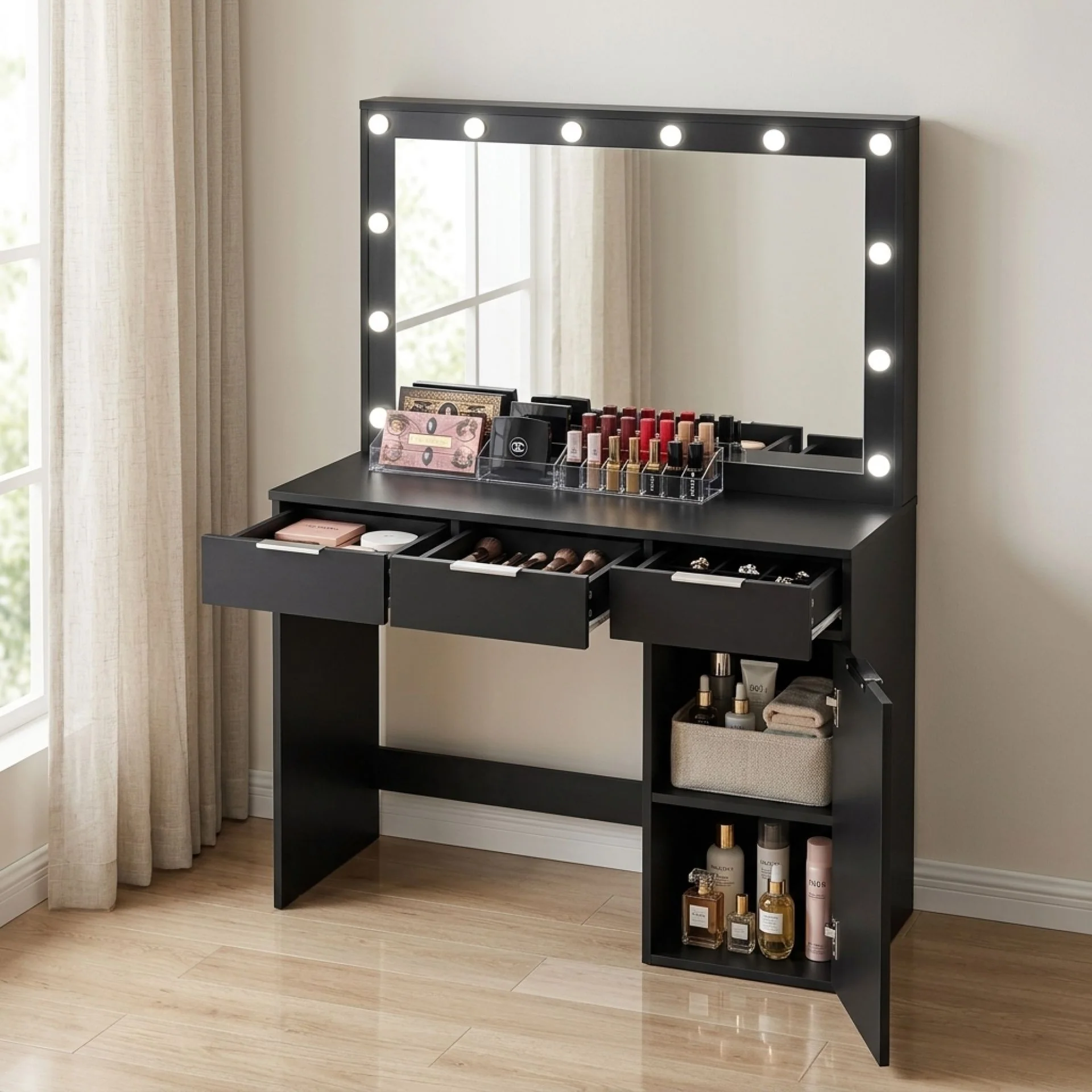Comfrey 2 Piece Dressing Table with Mirror & Stool Set - Black - Image 2