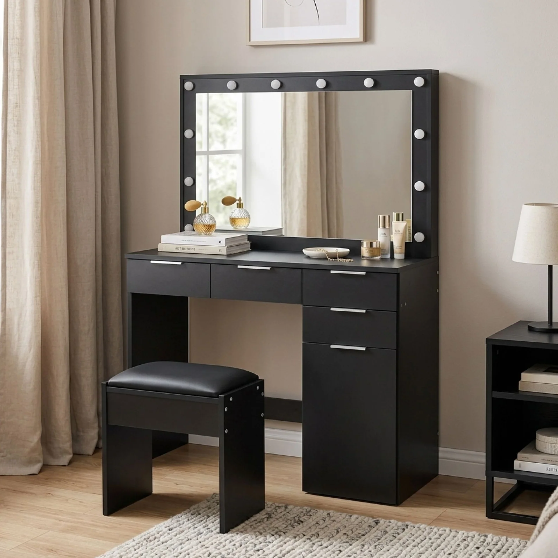 Comfrey 2 Piece Dressing Table with Mirror & Stool Set - Black - Image 3
