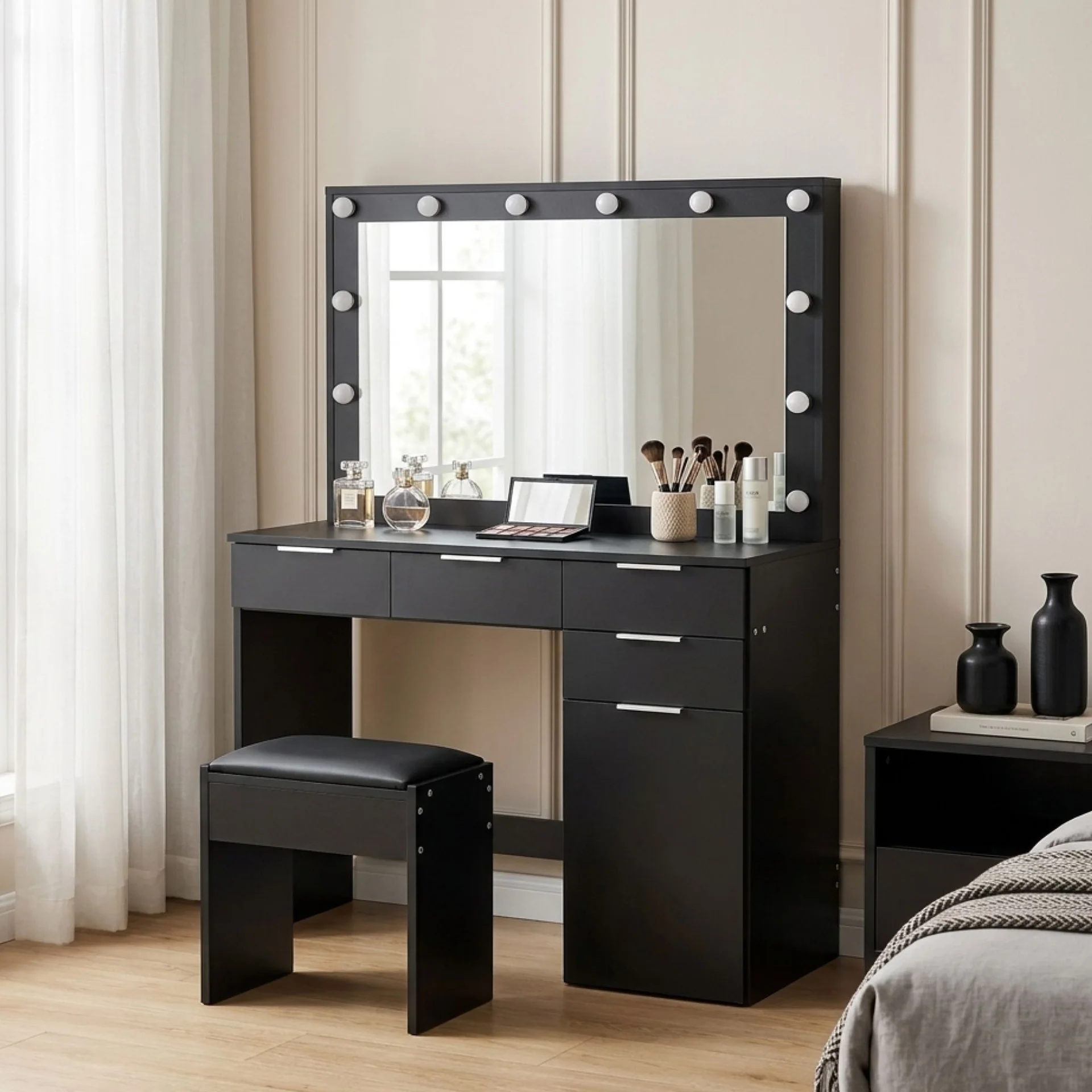Comfrey 2 Piece Dressing Table with Mirror & Stool Set - Black - Image 4
