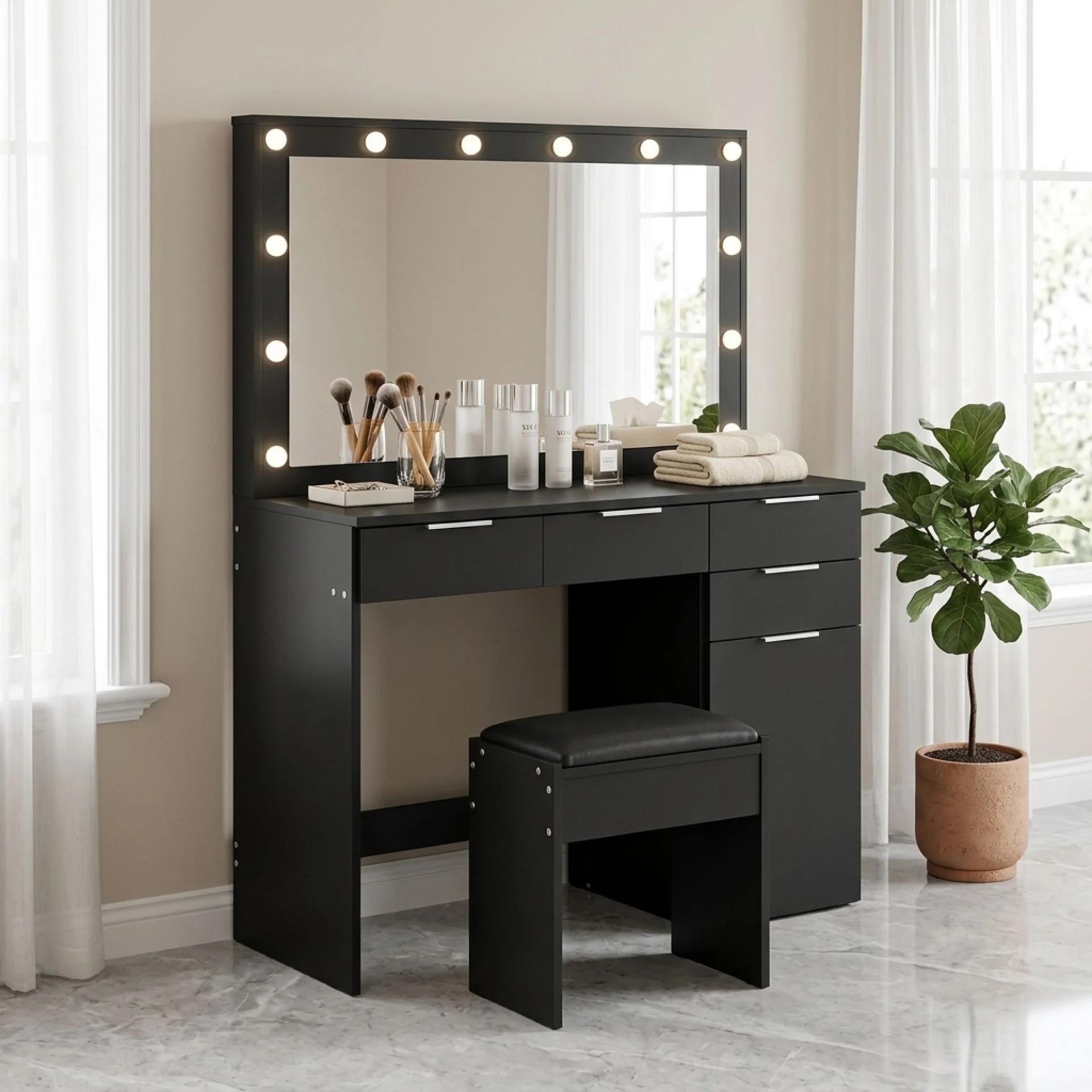 Comfrey 2 Piece Dressing Table with Mirror & Stool Set - Black - Image 5