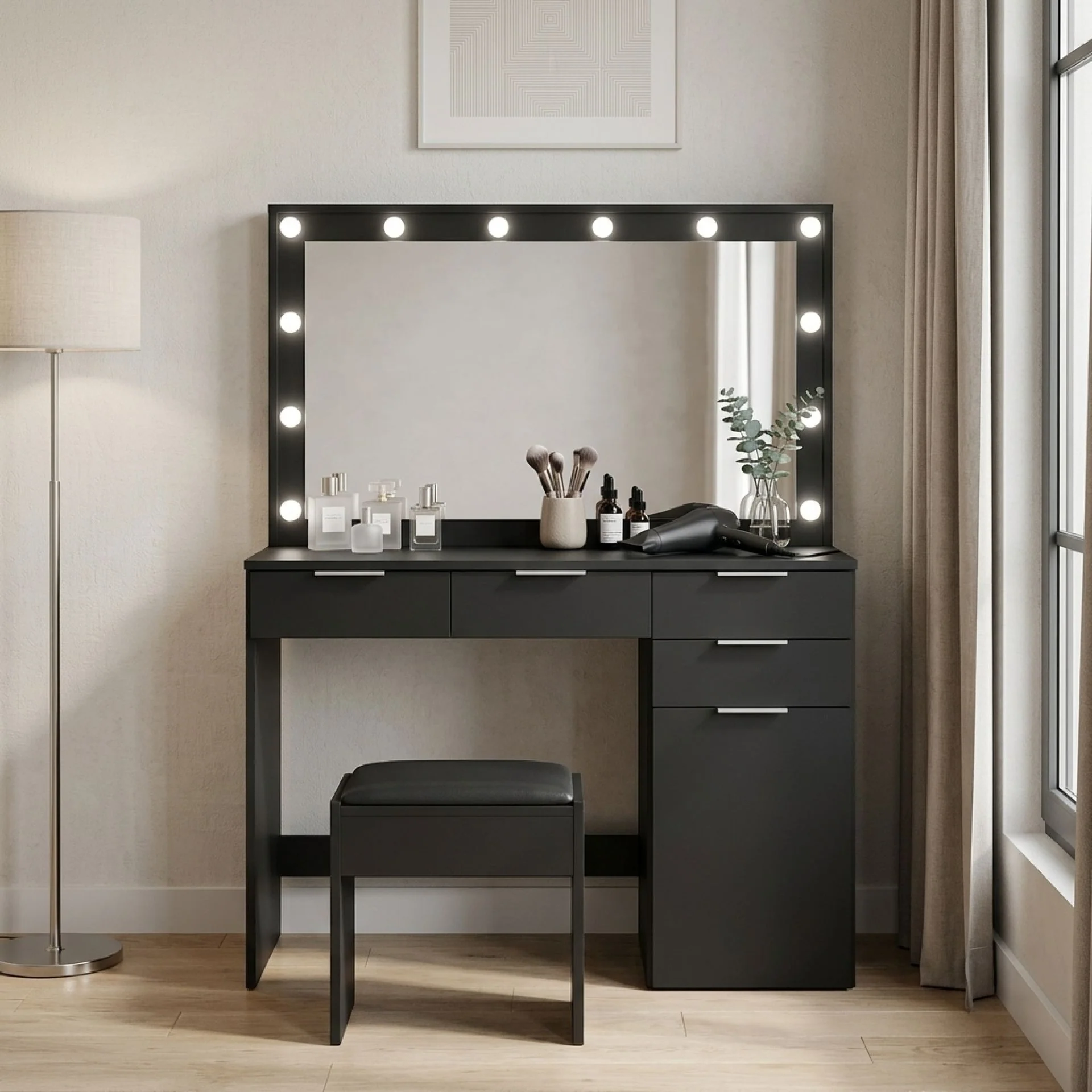 Comfrey 2 Piece Dressing Table with Mirror & Stool Set - Black - Image 6