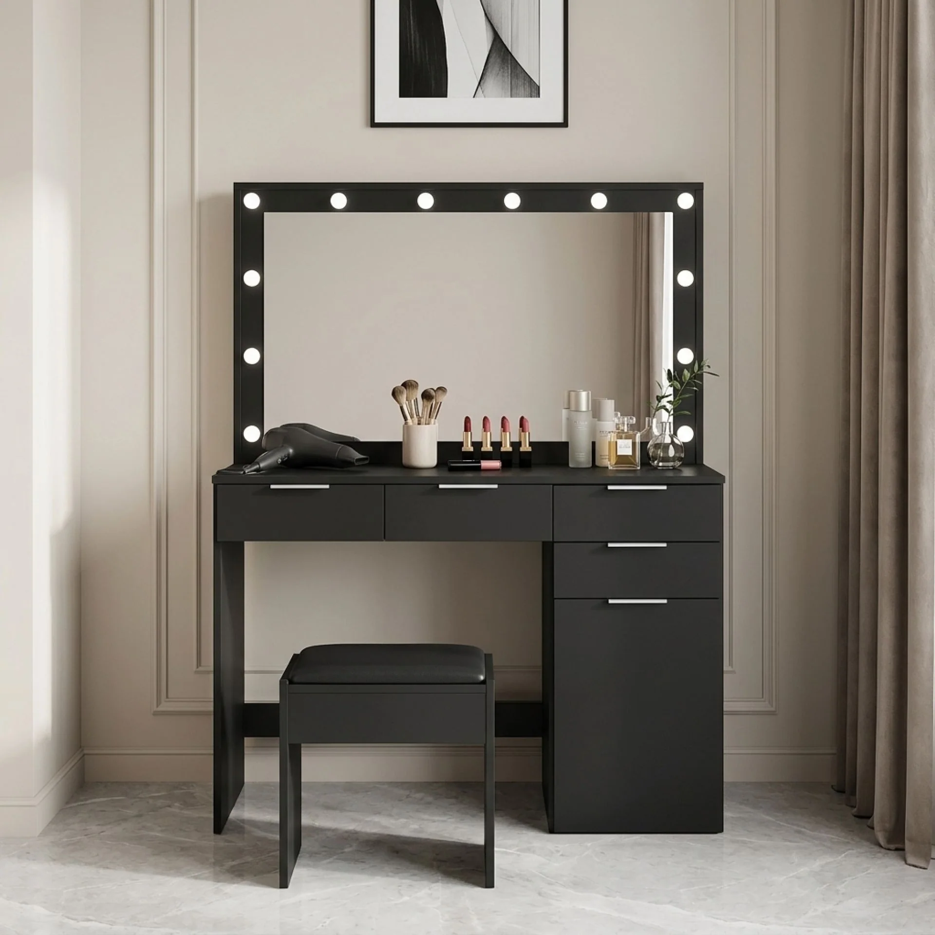Comfrey 2 Piece Dressing Table with Mirror & Stool Set - Black - Image 7