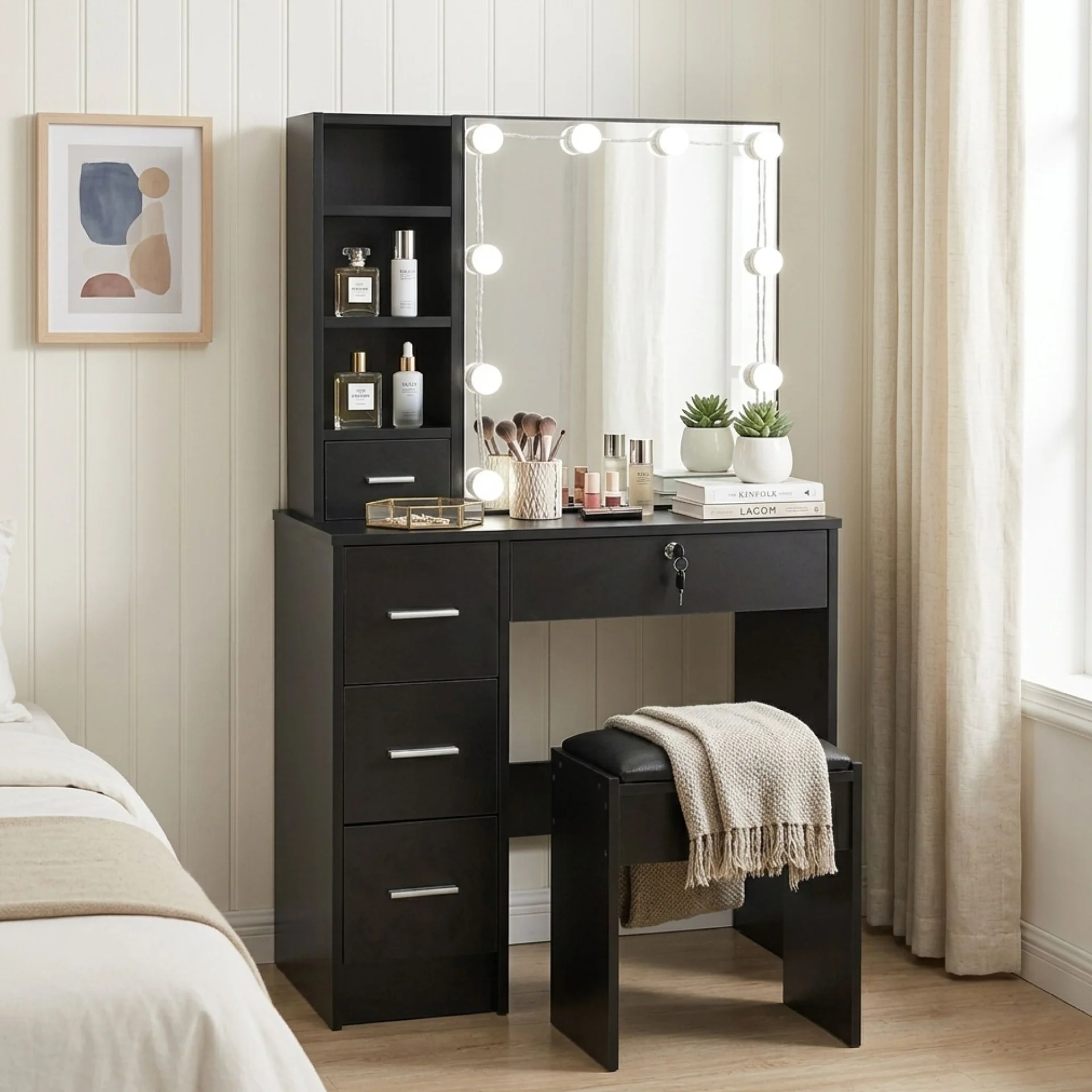 Freesia 2 Piece Dressing Table with Mirror & Stool Set - Black