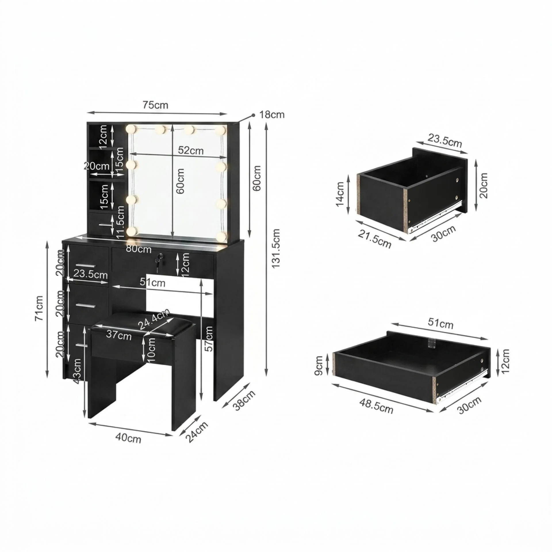 Freesia 2 Piece Dressing Table with Mirror & Stool Set - Black - Image 12