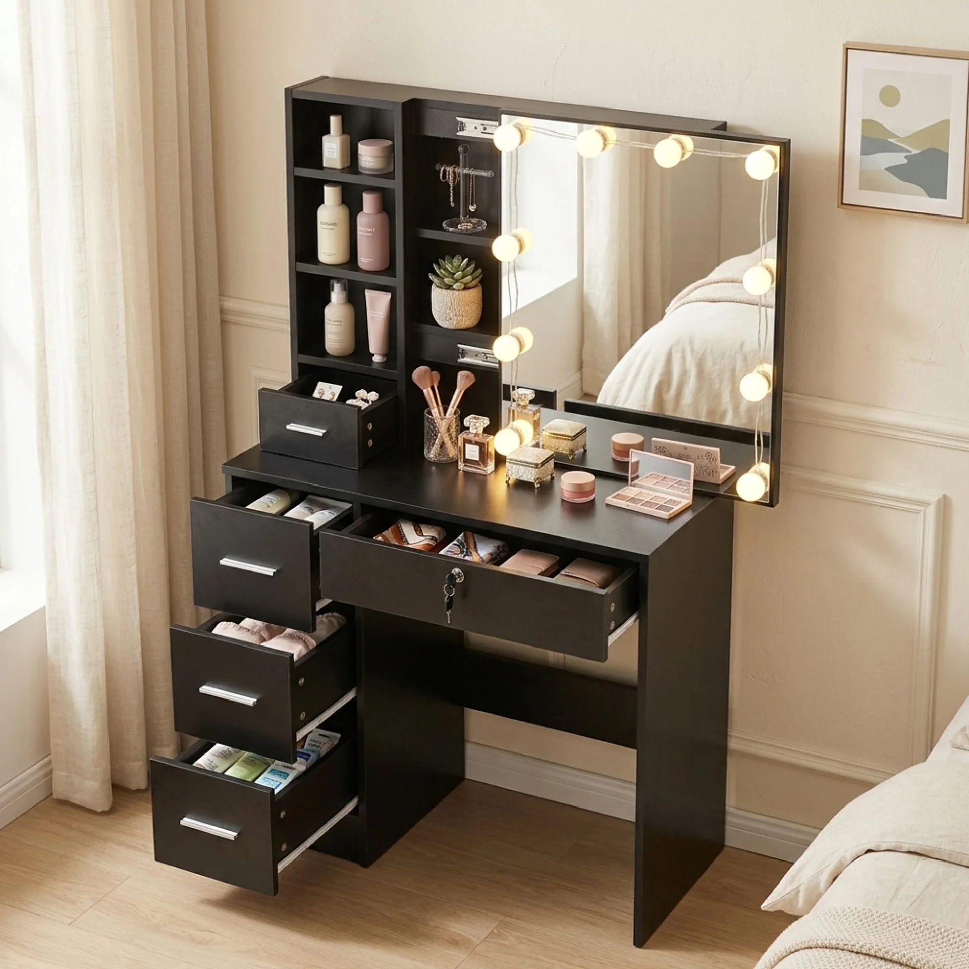 Freesia 2 Piece Dressing Table with Mirror & Stool Set - Black - Image 2