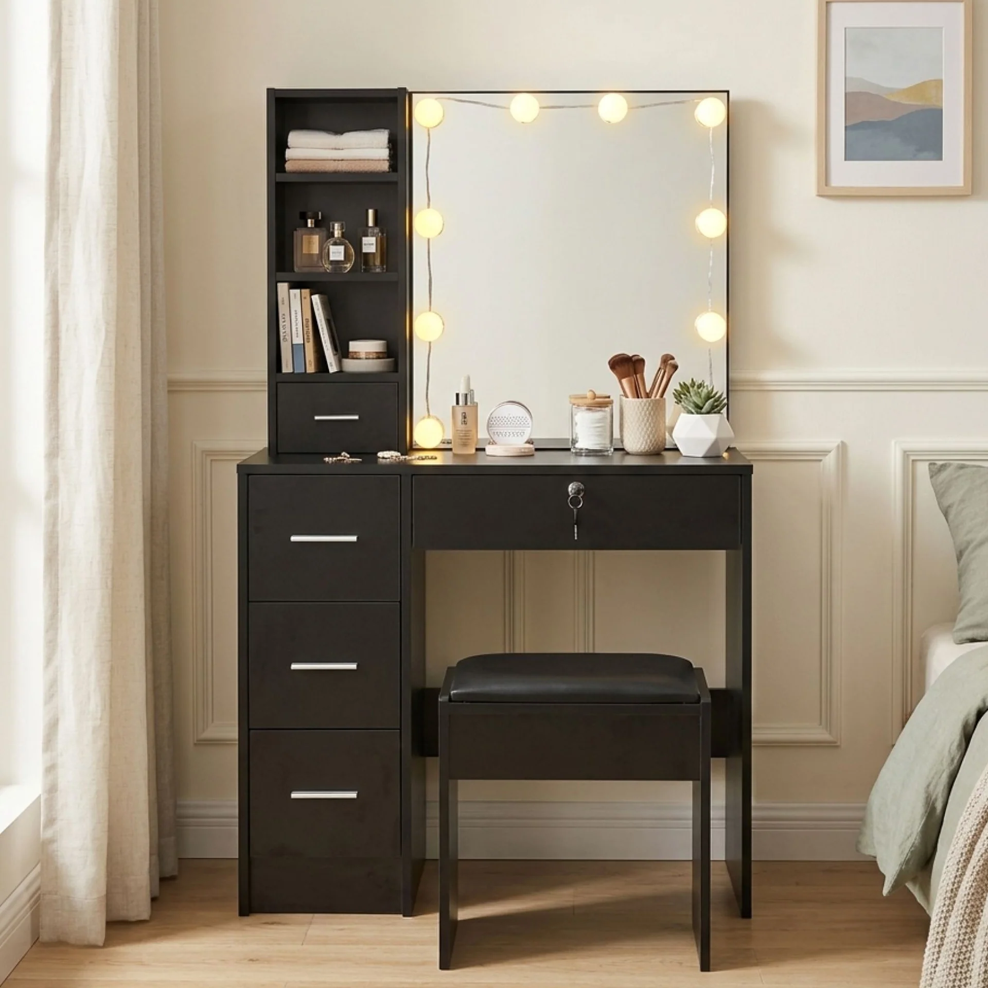 Freesia 2 Piece Dressing Table with Mirror & Stool Set - Black - Image 3