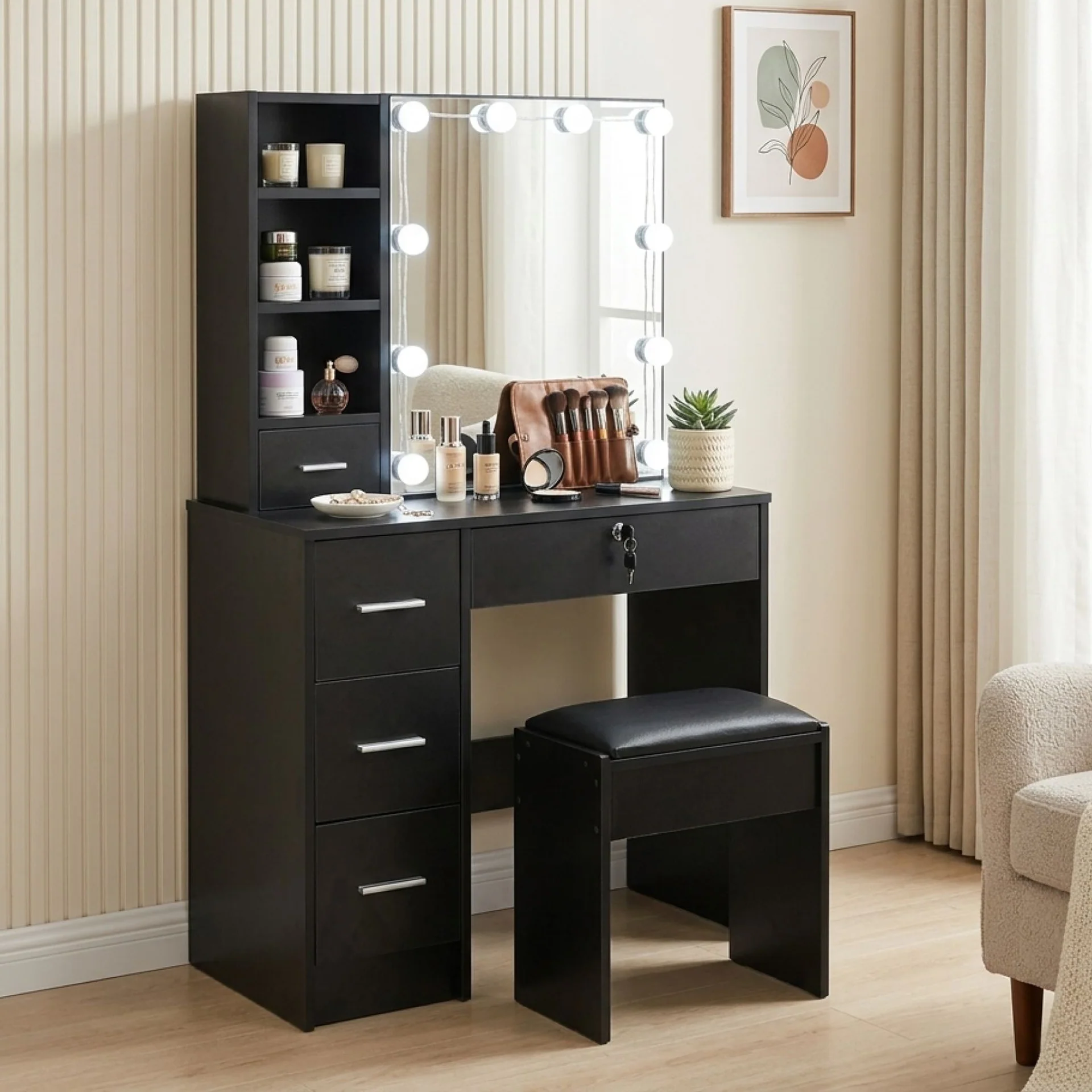 Freesia 2 Piece Dressing Table with Mirror & Stool Set - Black - Image 4
