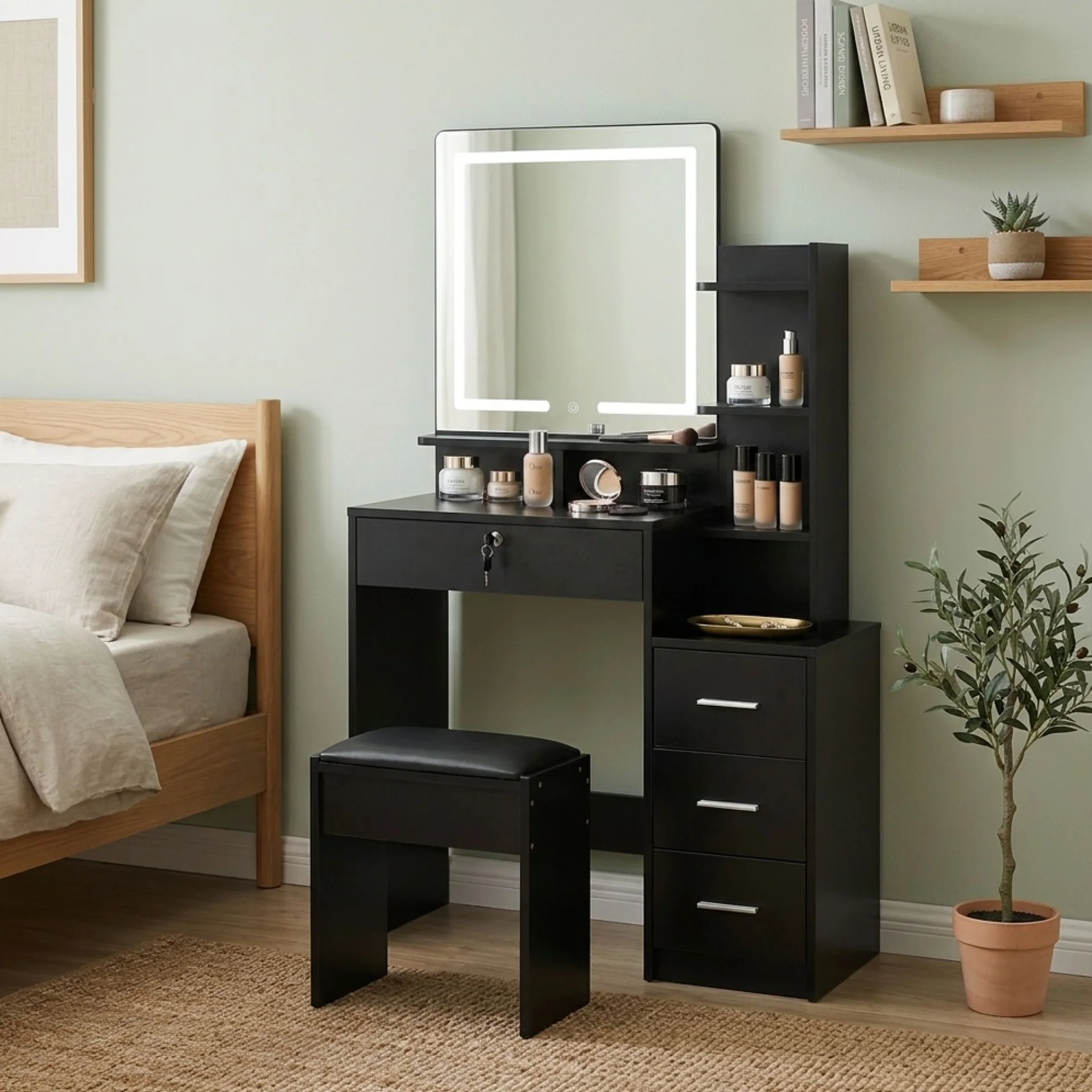 Gardenia 2 Piece Dressing Table with Mirror & Stool Set - Black