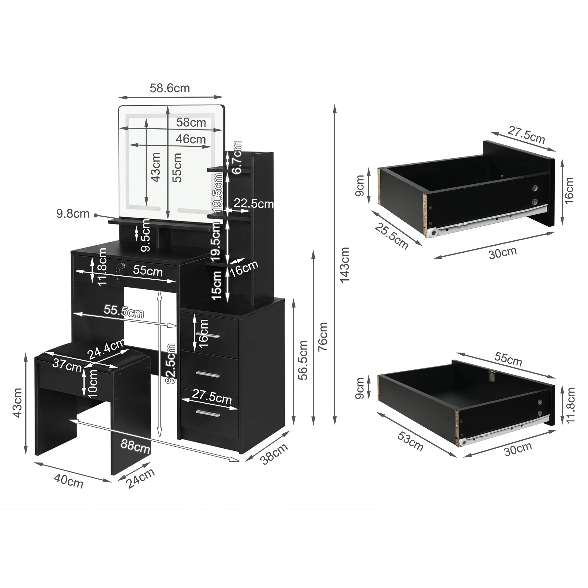 Gardenia 2 Piece Dressing Table with Mirror & Stool Set - Black - Image 14