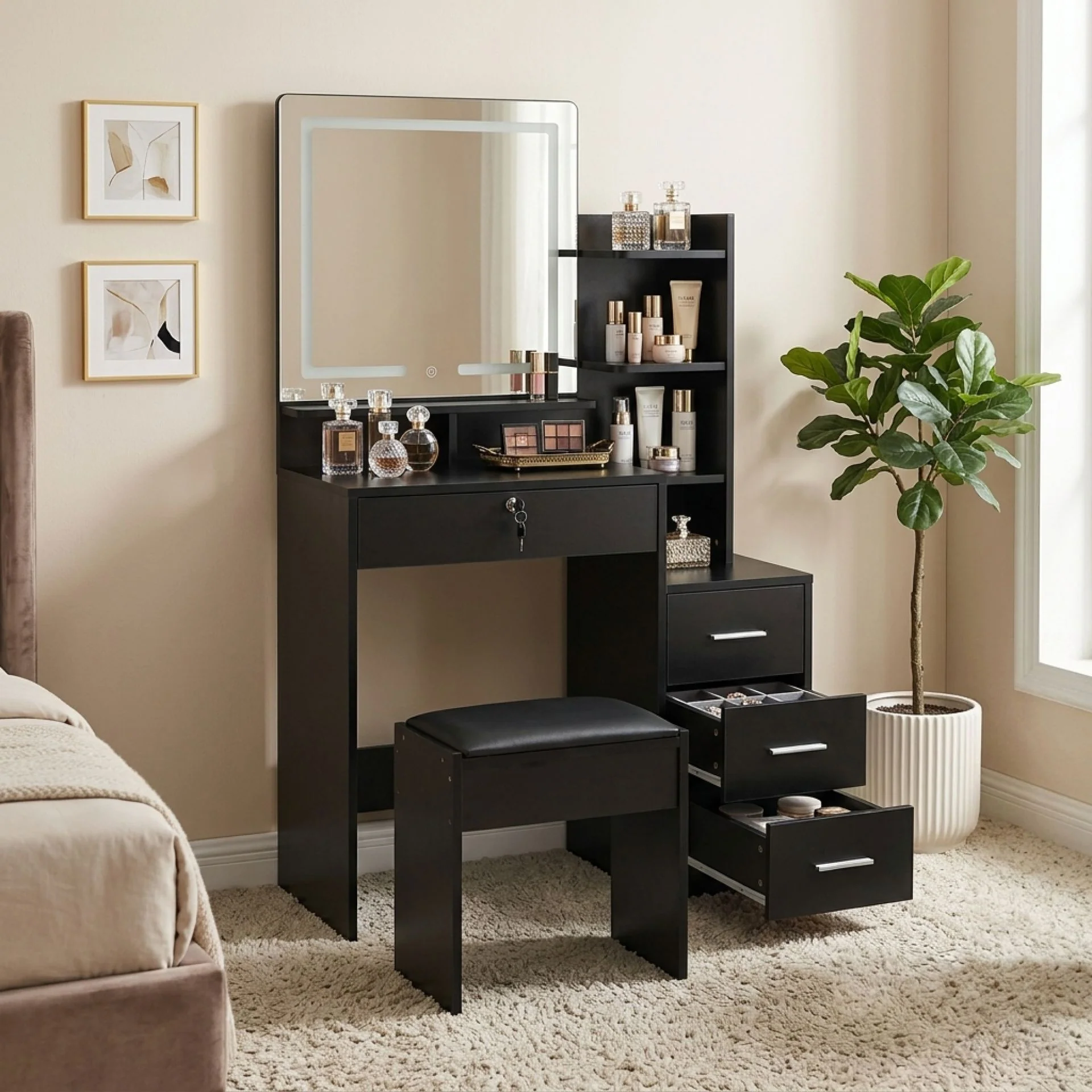Gardenia 2 Piece Dressing Table with Mirror & Stool Set - Black - Image 2