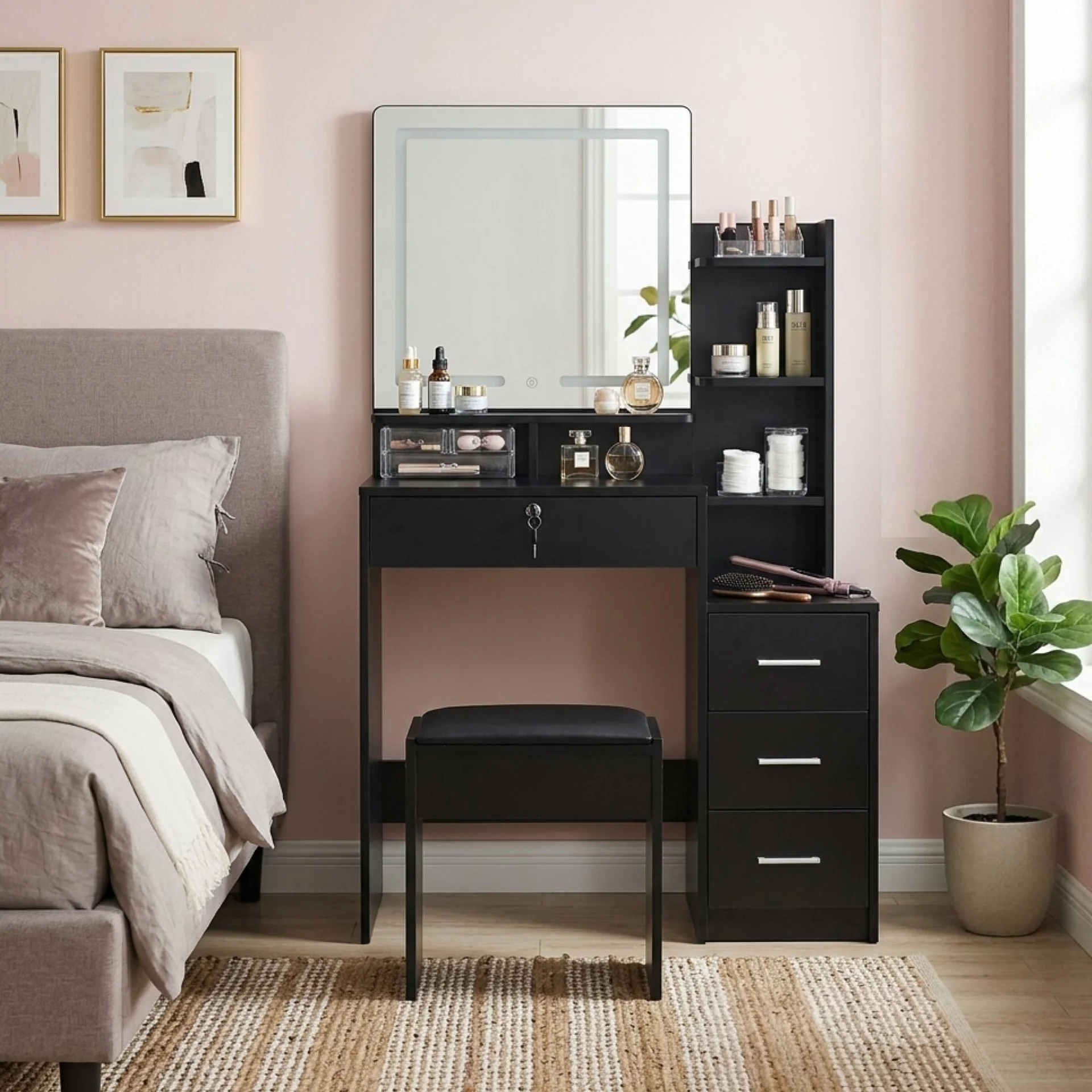 Gardenia 2 Piece Dressing Table with Mirror & Stool Set - Black - Image 3