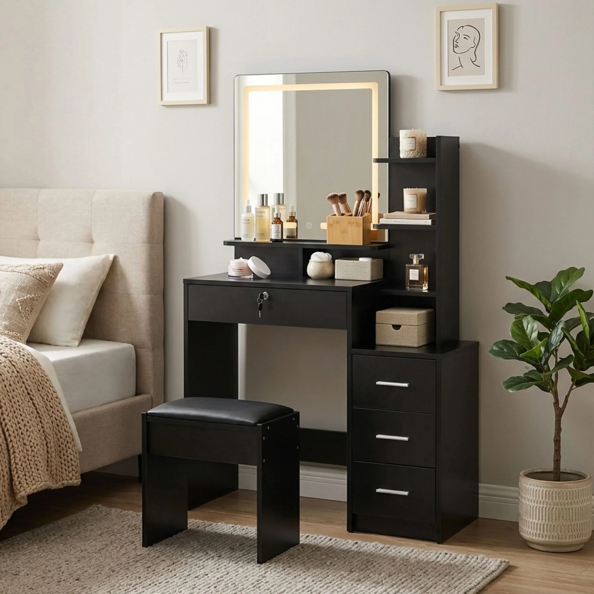 Gardenia 2 Piece Dressing Table with Mirror & Stool Set - Black - Image 4