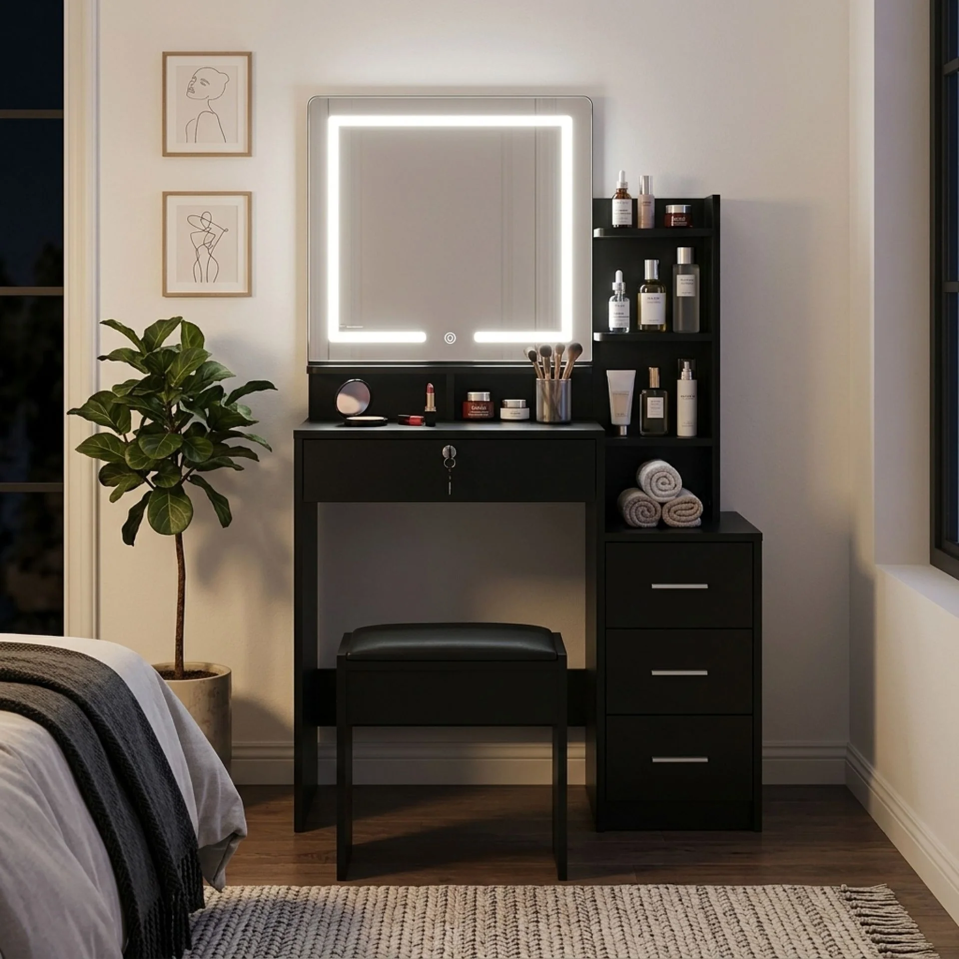 Gardenia 2 Piece Dressing Table with Mirror & Stool Set - Black - Image 5