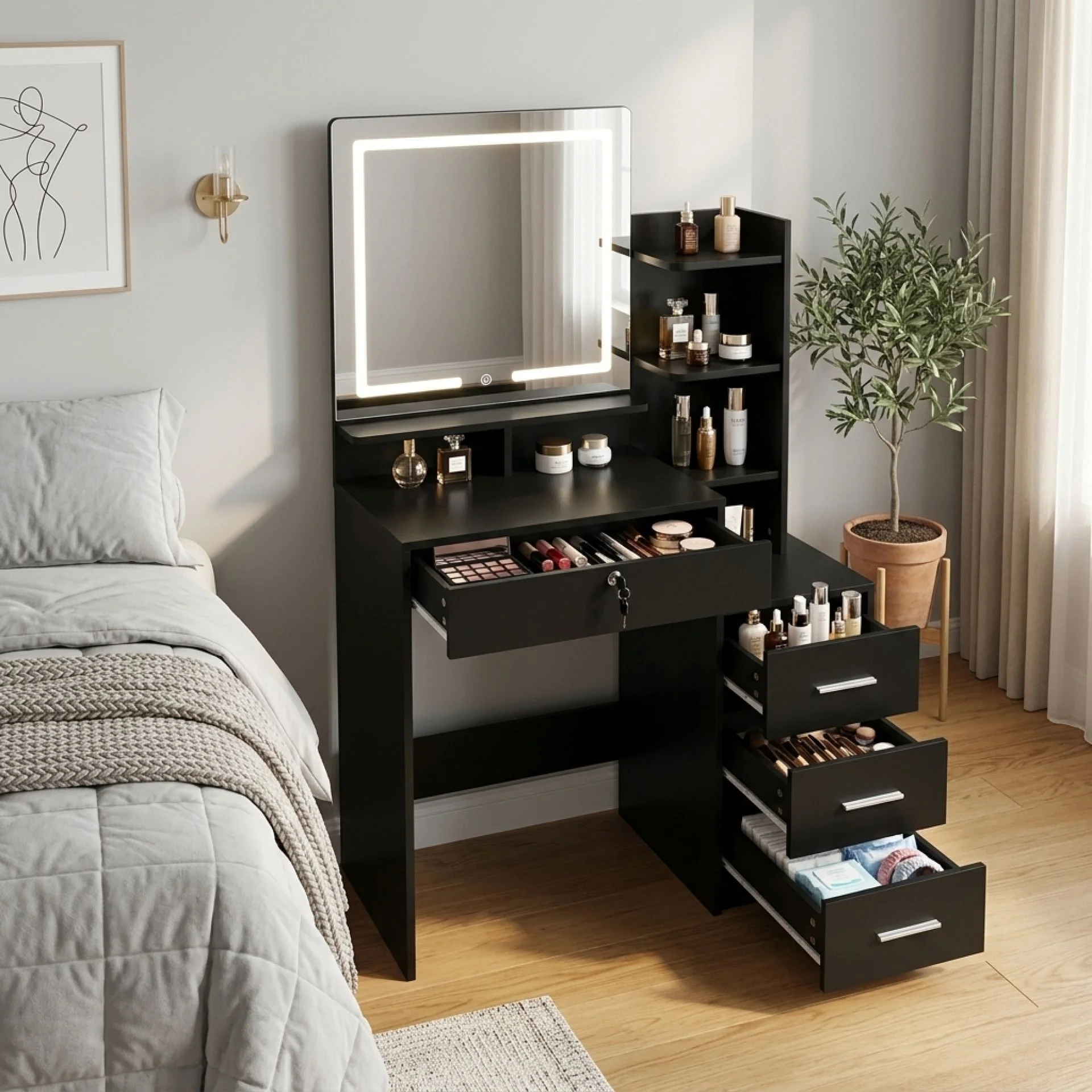 Gardenia 2 Piece Dressing Table with Mirror & Stool Set - Black - Image 6