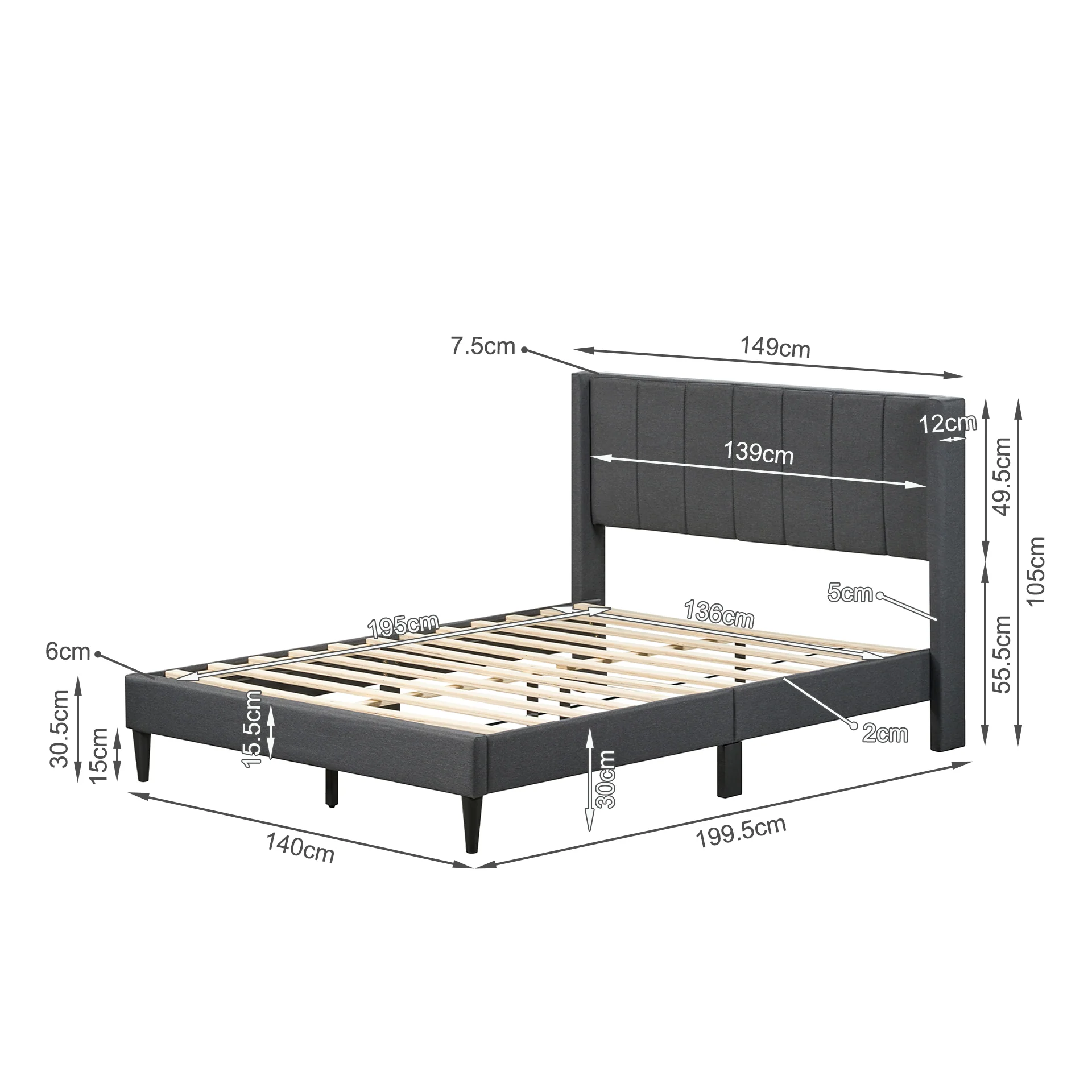 Linden Double Bed Frame - Dark Grey - Image 13