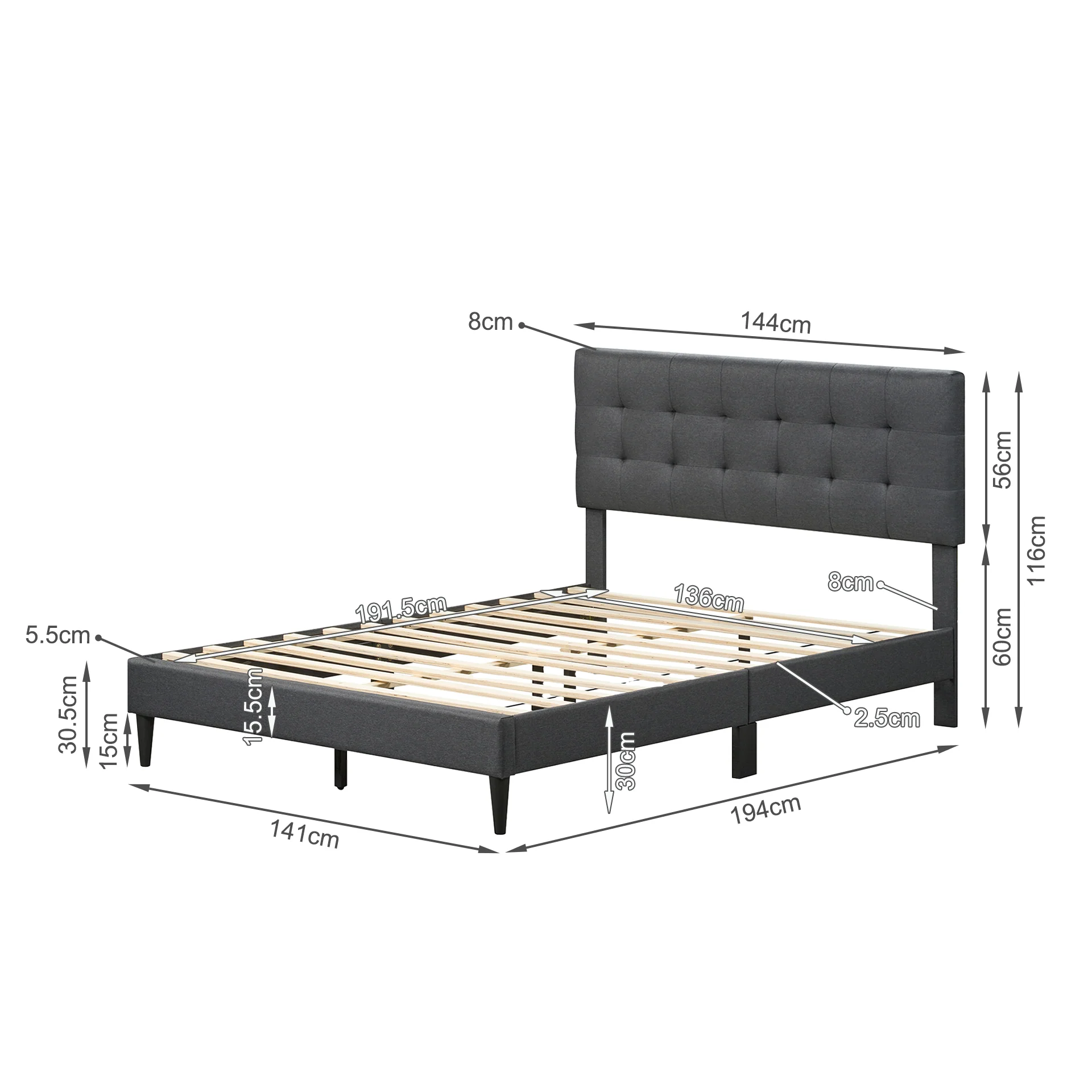 Kora Double Bed Frame - Dark Grey - Image 13