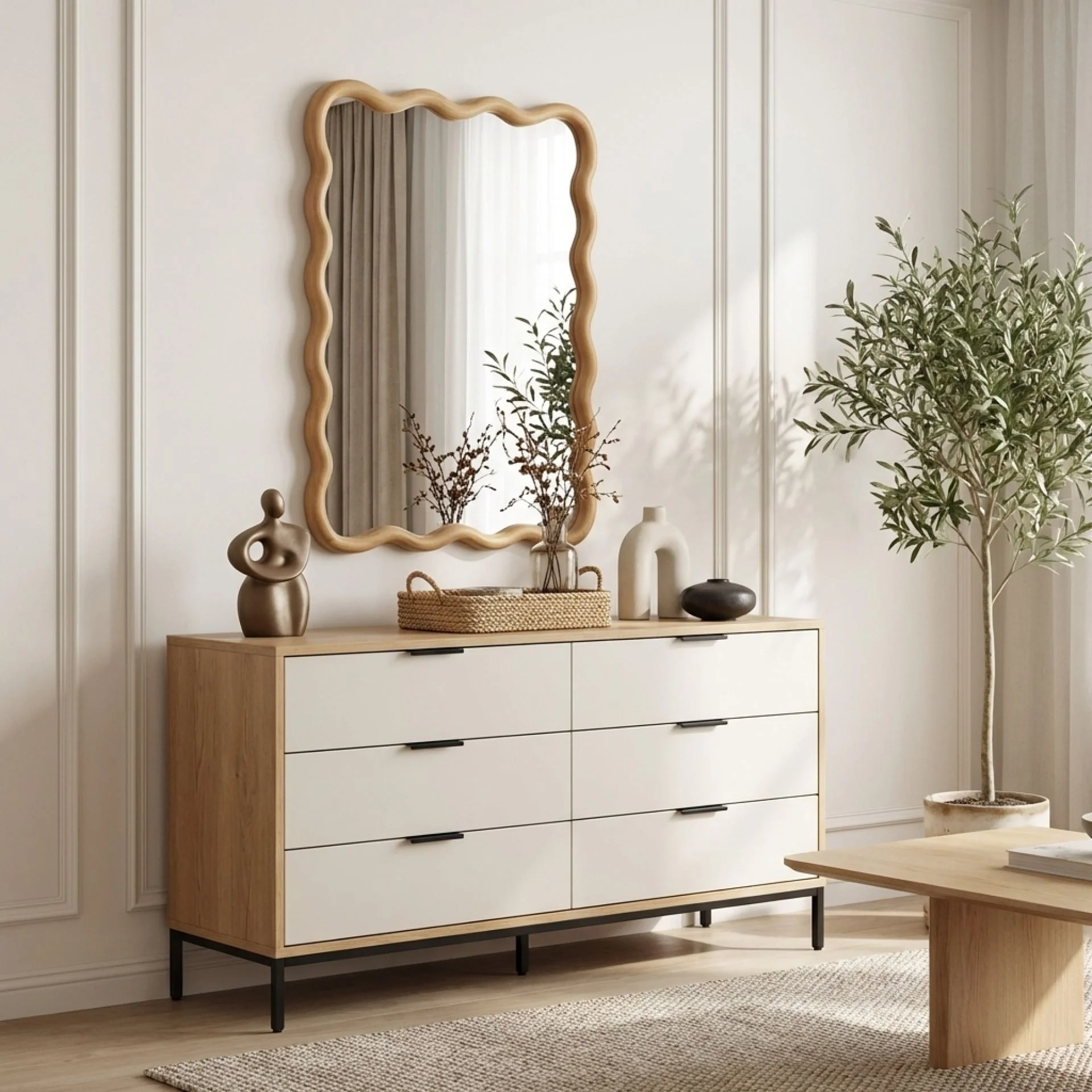 Ripple Wavy Wooden Wall Mirror 91CM - Warm Walnut - Image 3