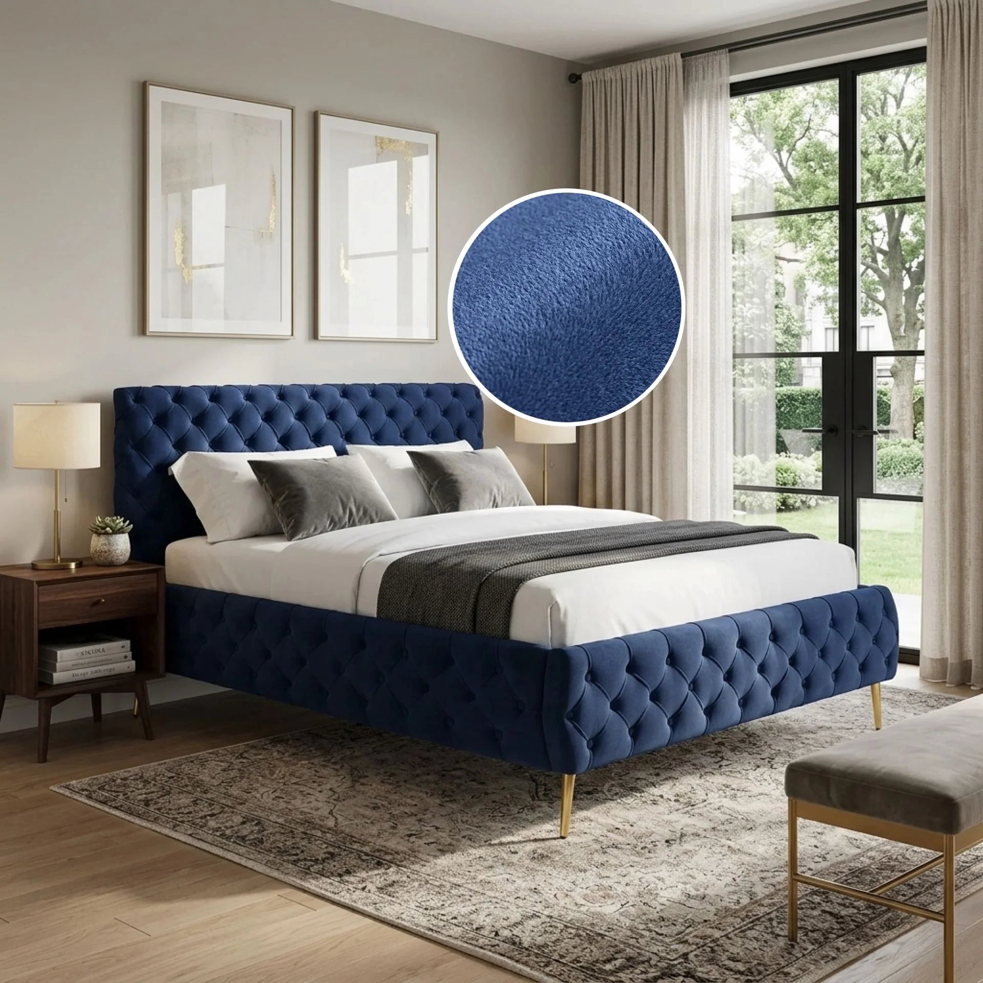 Adams Velvet Queen Bed Frame - Navy Blue - Image 2