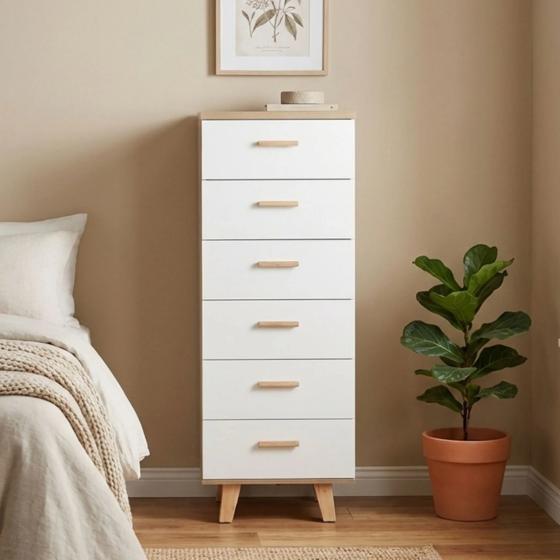 Alton Slim Tallboy 6 Drawers - Natural + White - Image 2