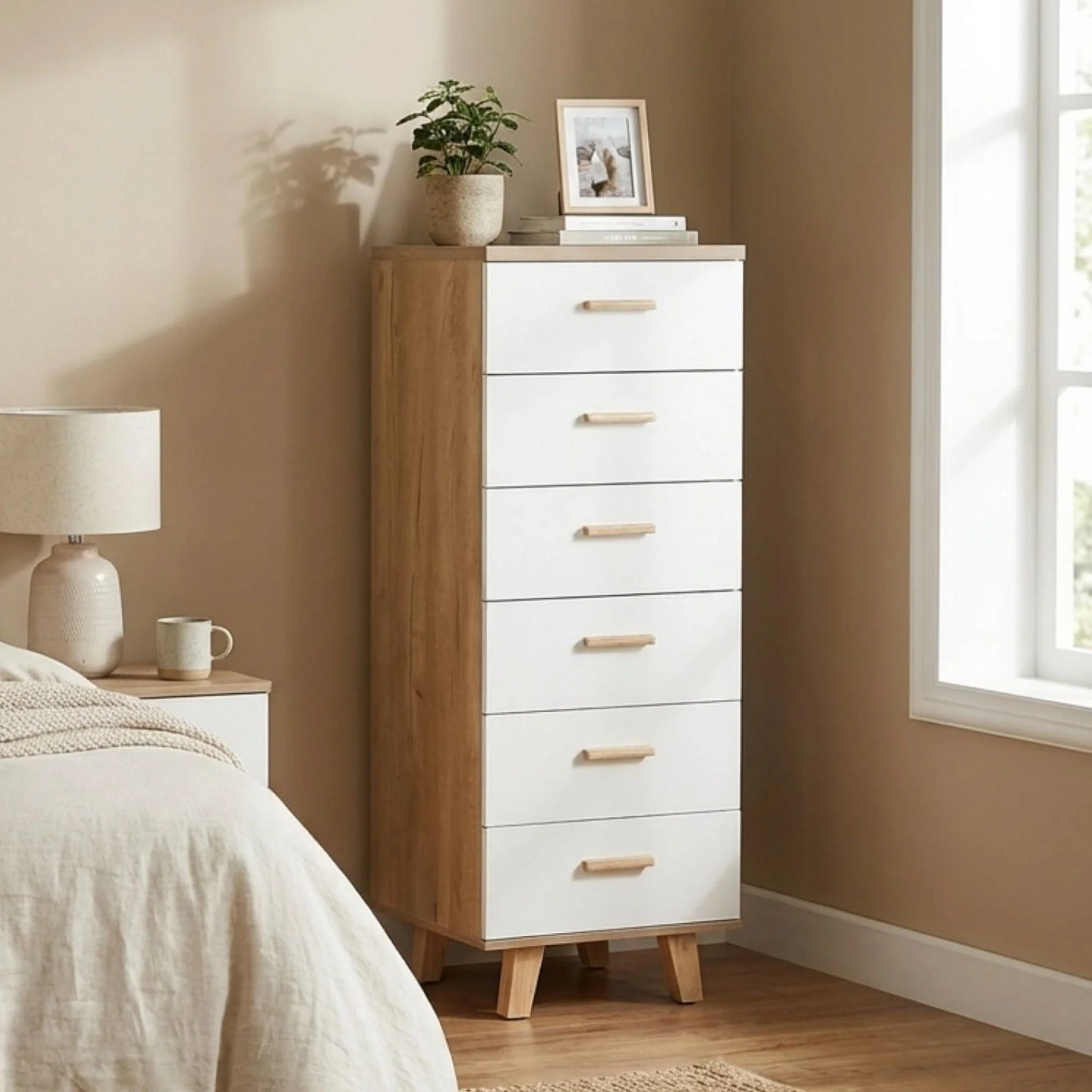 Alton Slim Tallboy 6 Drawers - Natural + White - Image 3