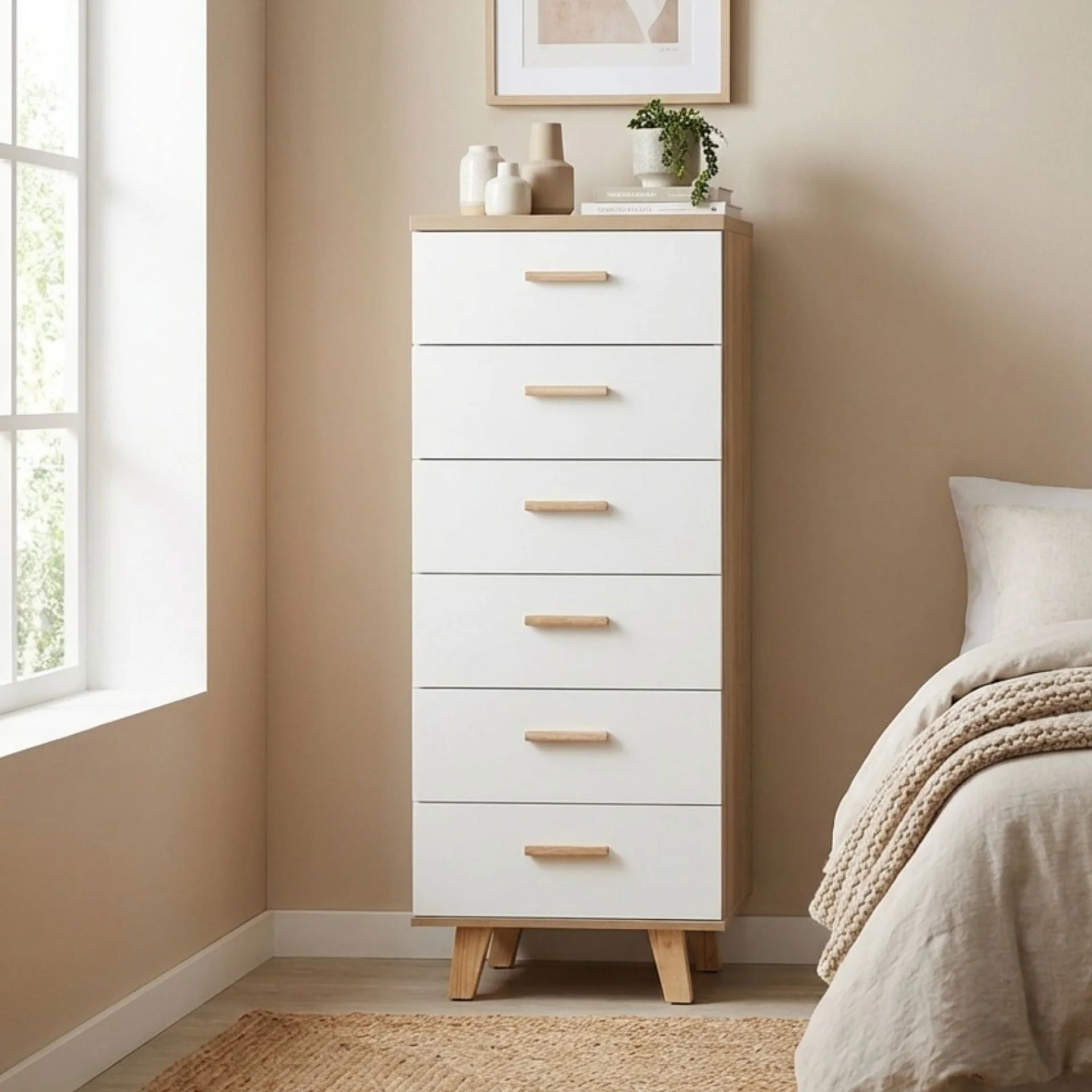 Alton Slim Tallboy 6 Drawers - Natural + White - Image 4