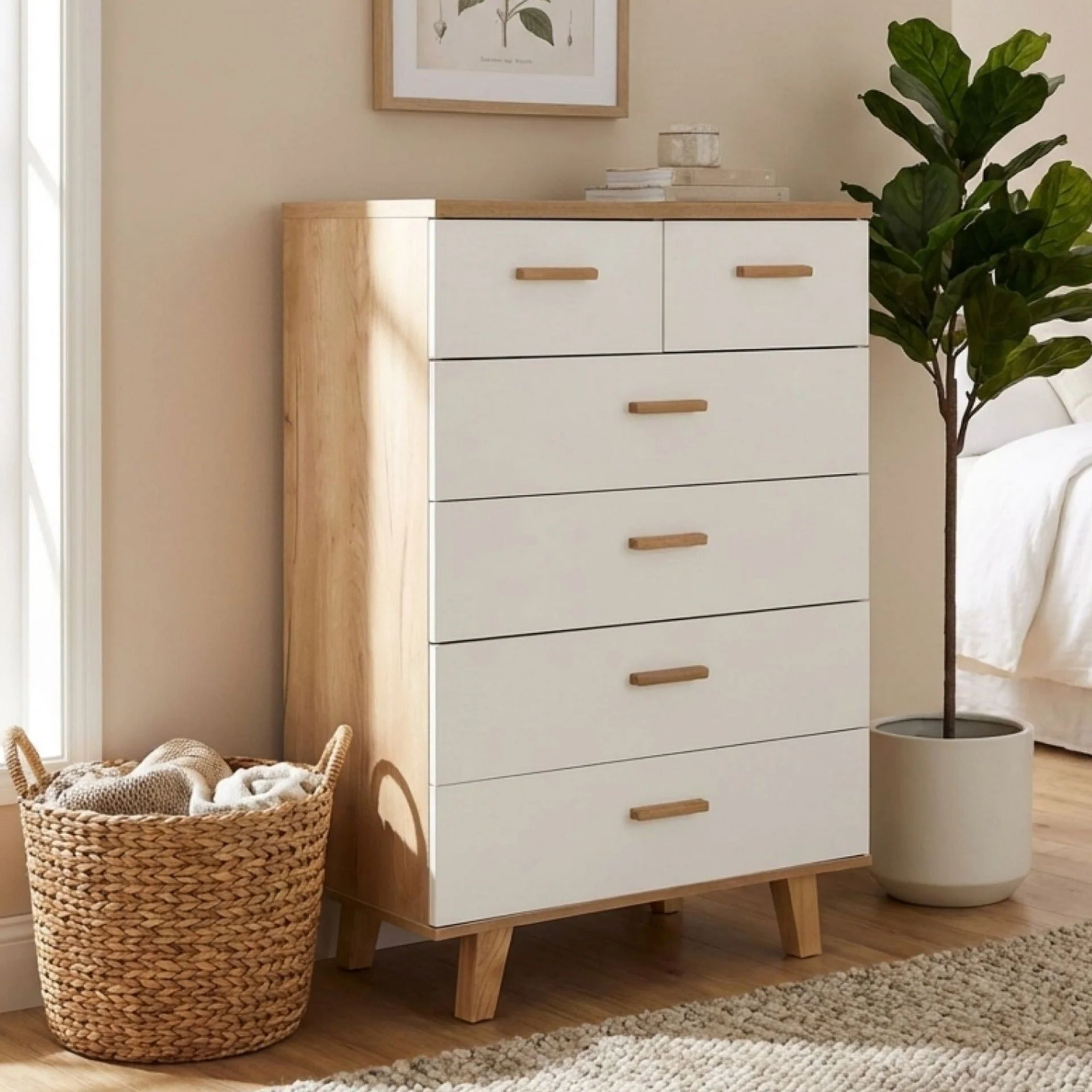 Alton Tallboy 6 Drawers - Natural + White - Image 5