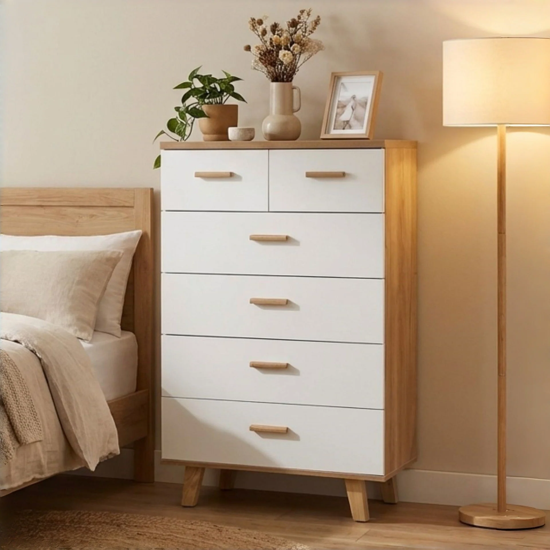 Alton Tallboy 6 Drawers - Natural + White - Image 7