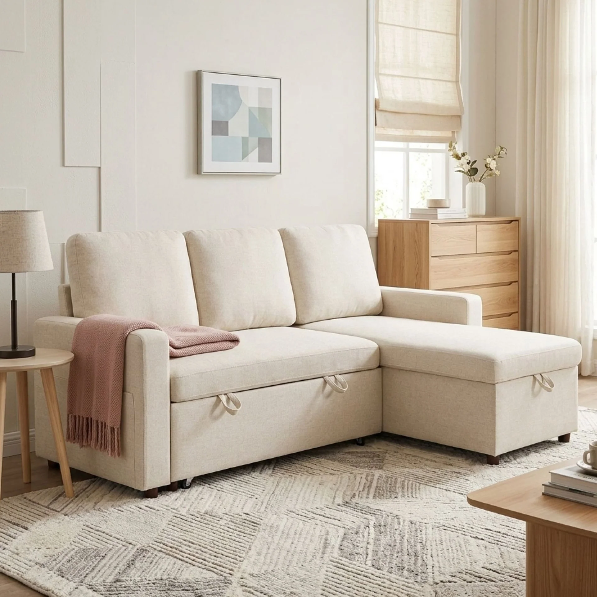 Amy 3 Seater Sofa Bed with Storage - Beige - Image 6