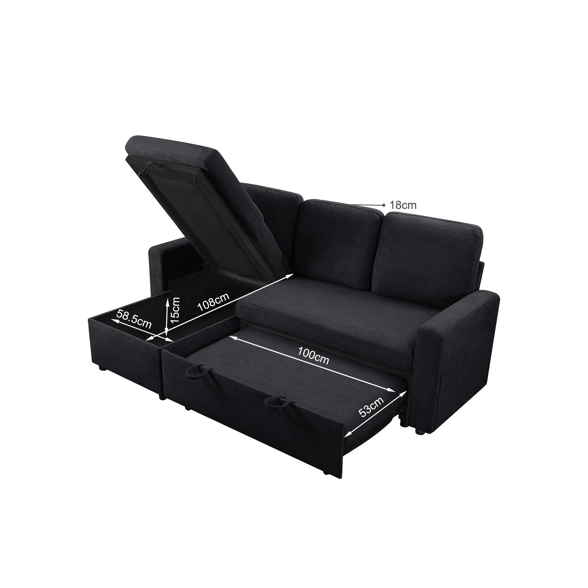 Amy 3 Seater Sofa Bed with Storage - Black - Image 17