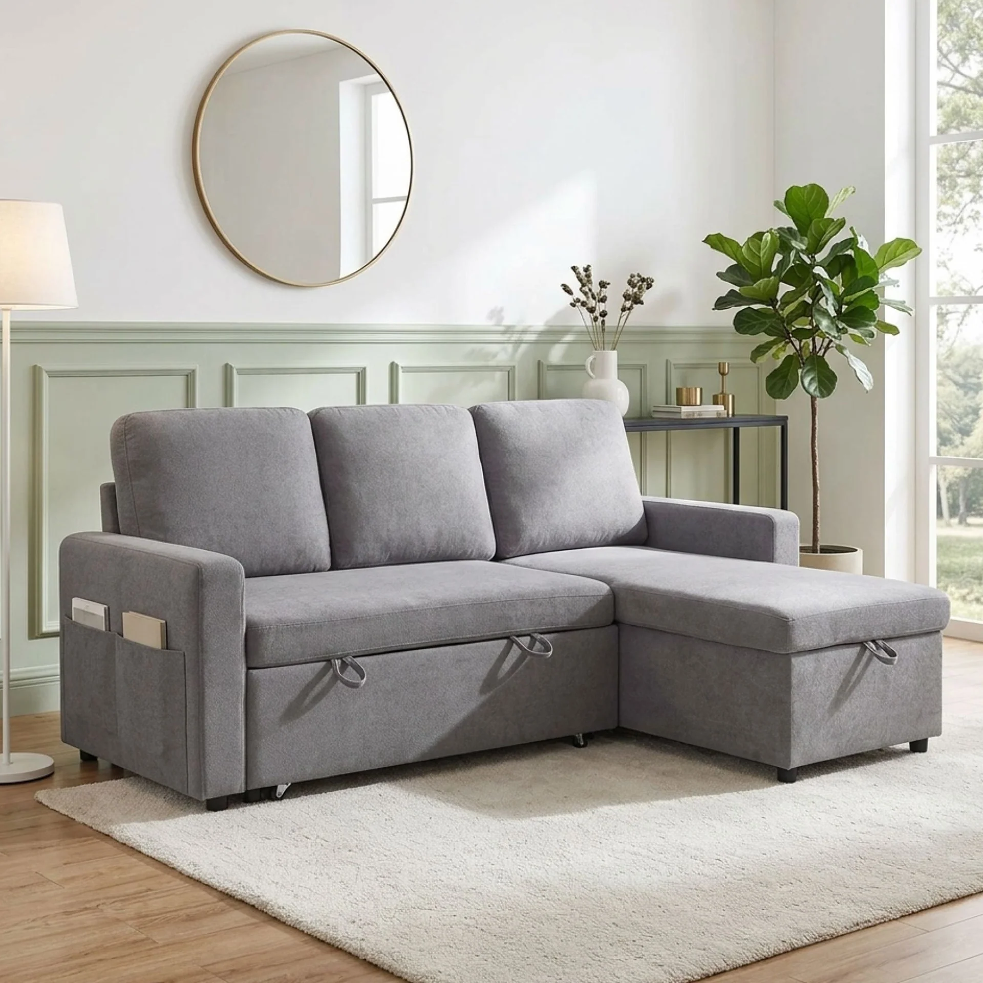 Amy 3 Seater Sofa Bed with Storage - Light Grey