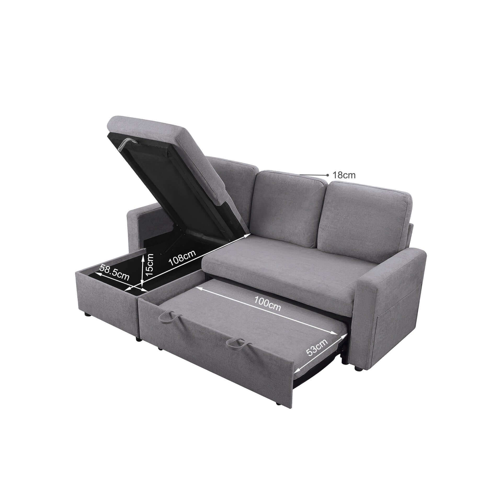 Amy 3 Seater Sofa Bed with Storage - Light Grey - Image 16