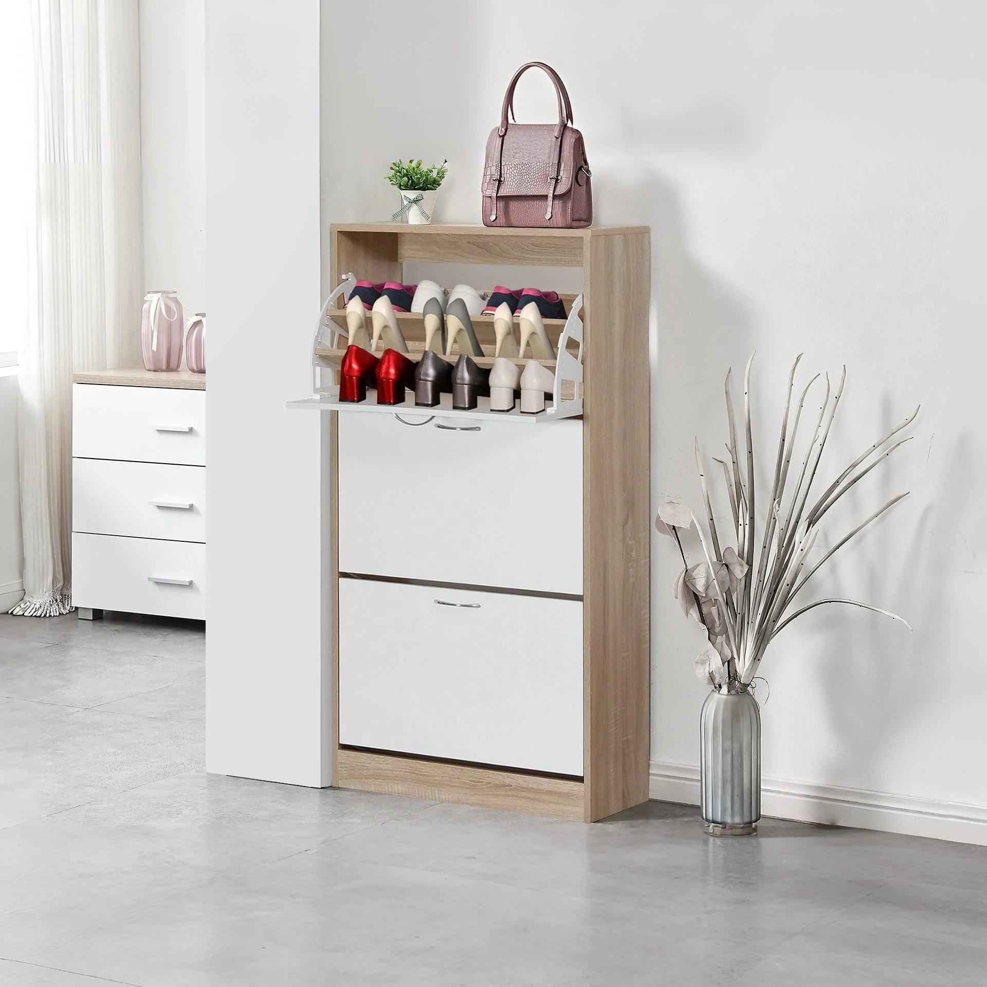 ANAU 3 Drawer Shoe Cabinet Storage Rack - Oak - Image 2