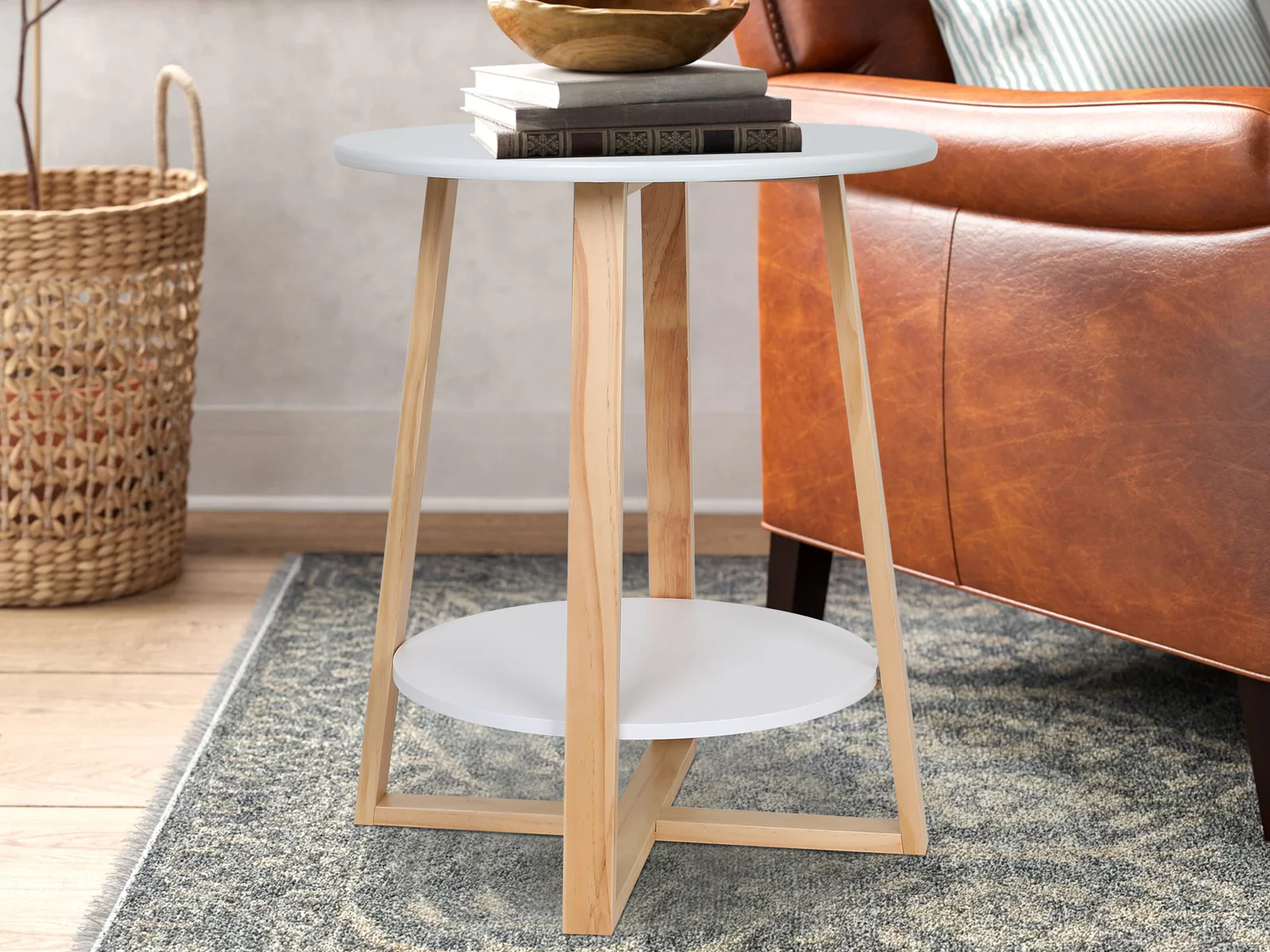 Andile Round Coffee Table Side Table - White + Oak - Image 2