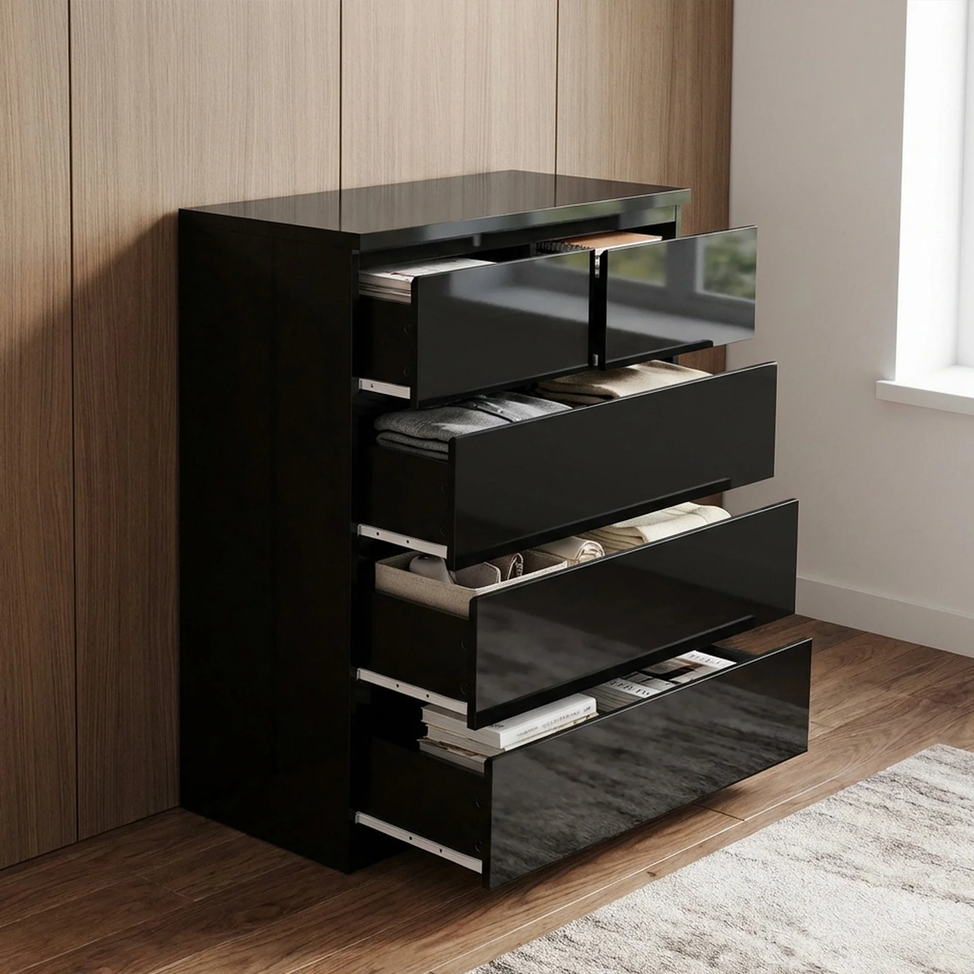 Angeles High Gloss 5 Drawer Tallboy - Black - Image 2