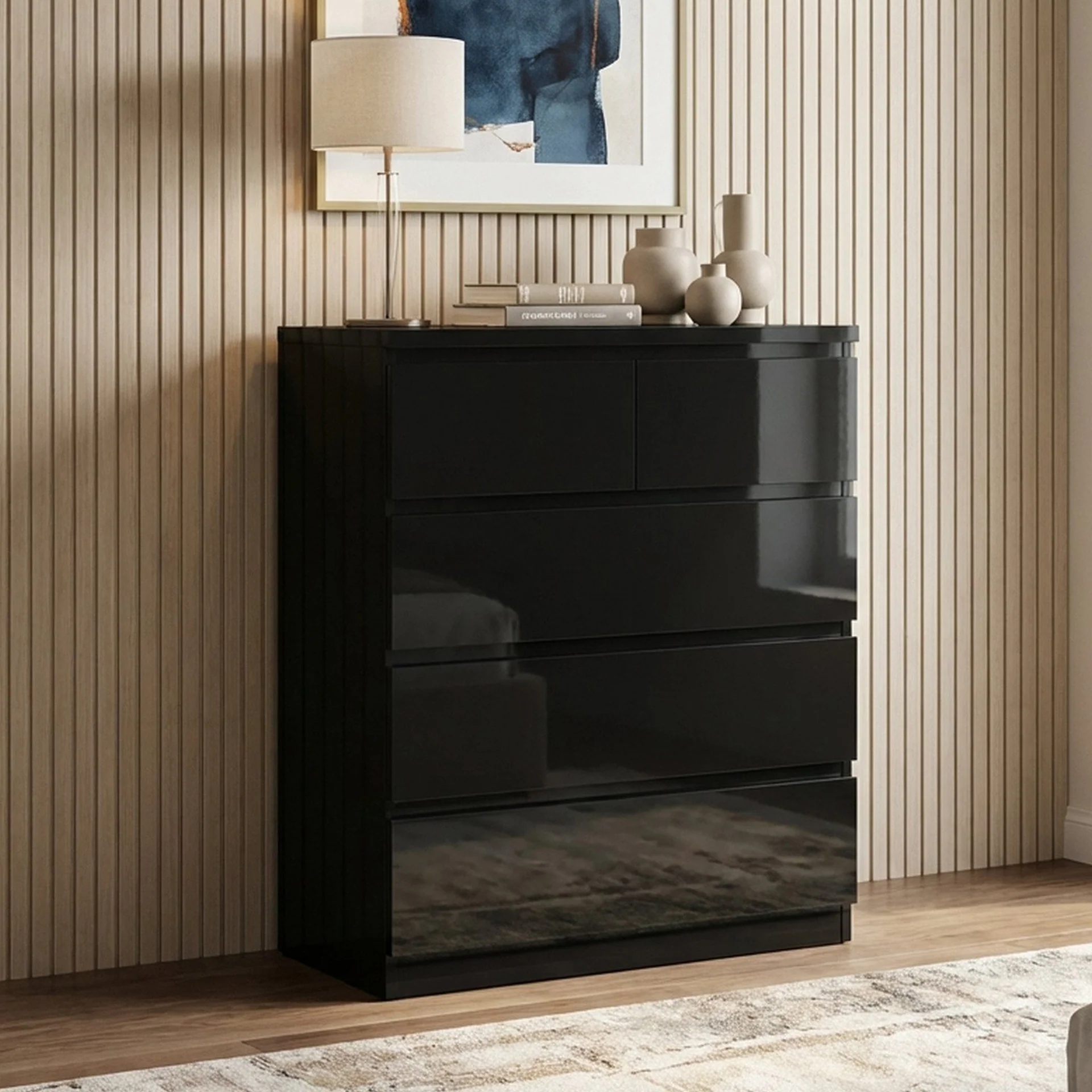 Angeles High Gloss 5 Drawer Tallboy - Black - Image 3