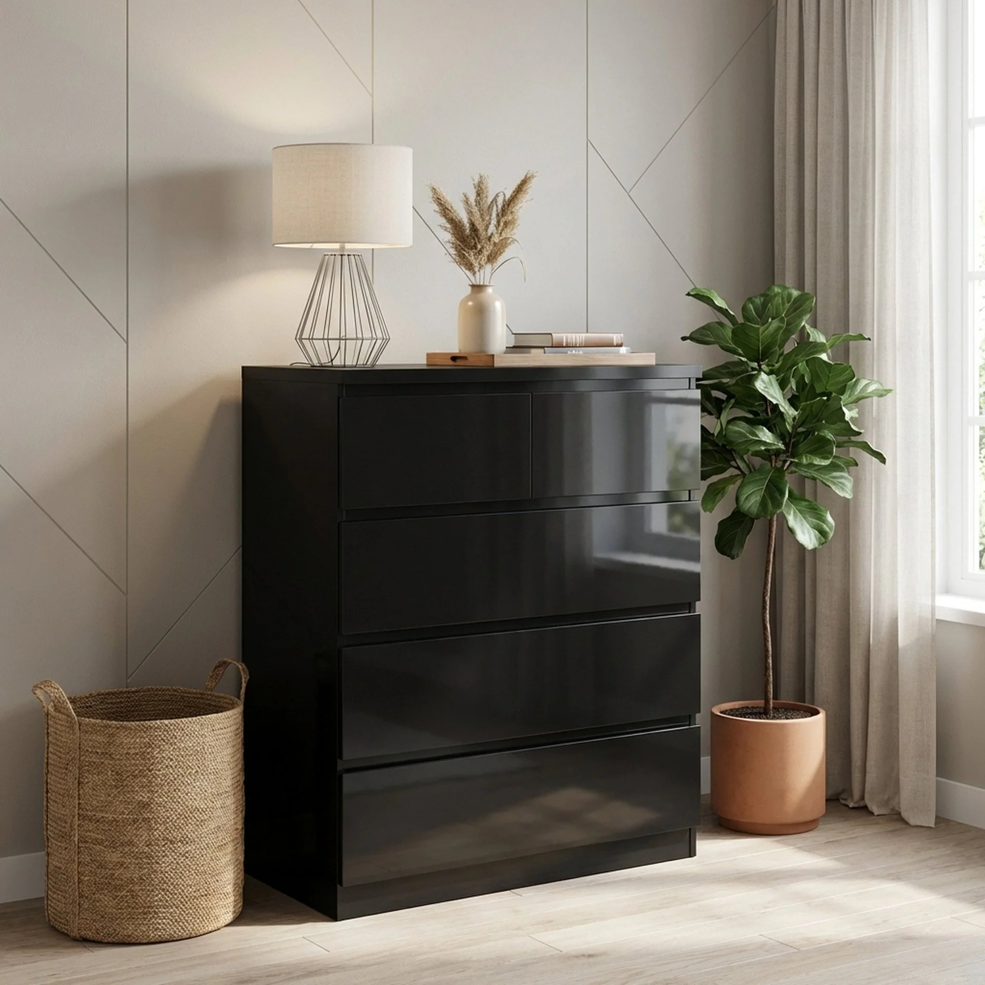 Angeles High Gloss 5 Drawer Tallboy - Black - Image 4