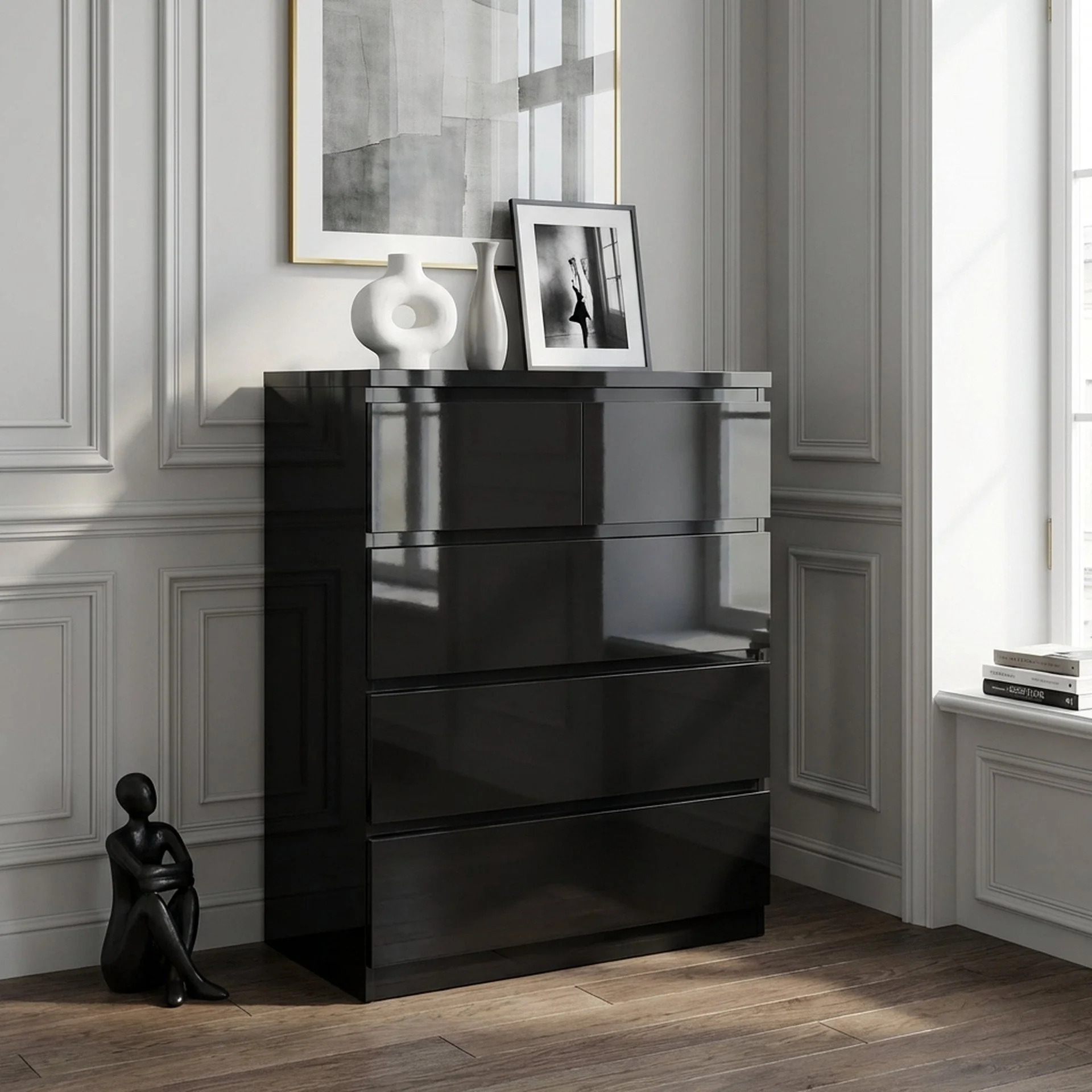 Angeles High Gloss 5 Drawer Tallboy - Black - Image 5