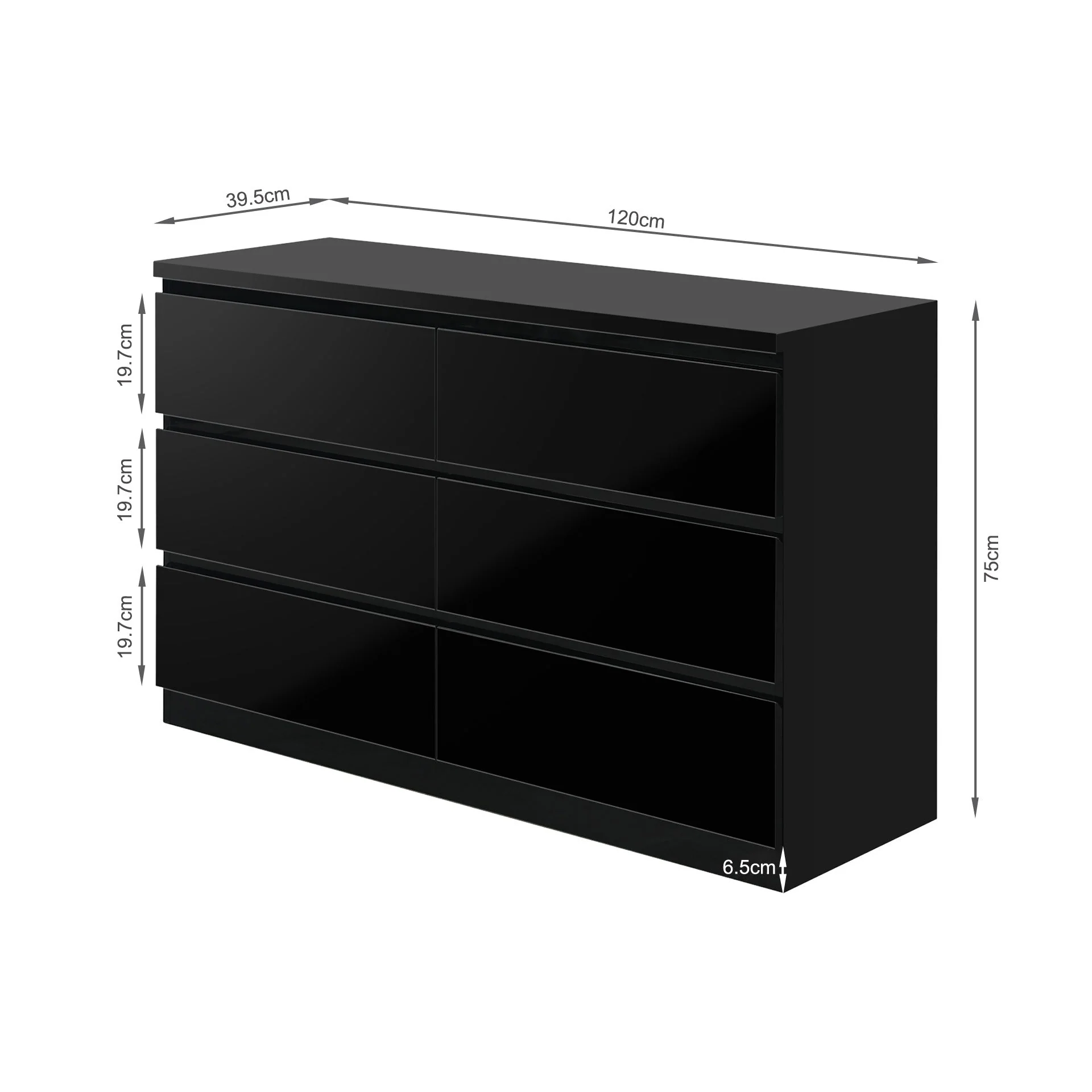 Angeles High Gloss 6 Drawer Lowboy - Black - Image 11