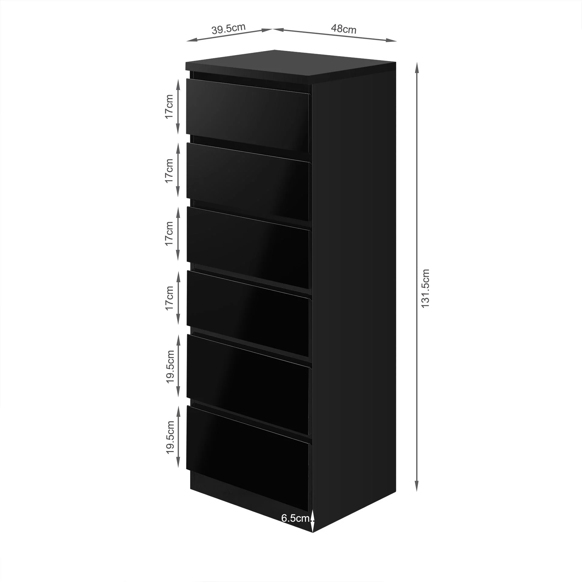 Angeles High Gloss 6 Drawer Slim Tallboy - Black - Image 10