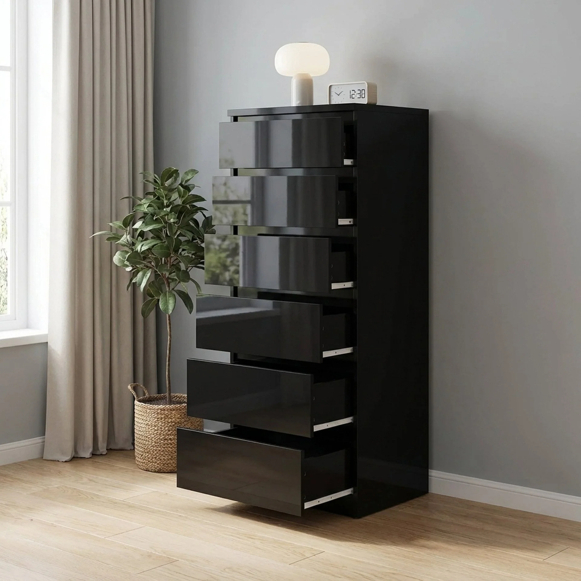 Angeles High Gloss 6 Drawer Slim Tallboy - Black - Image 2