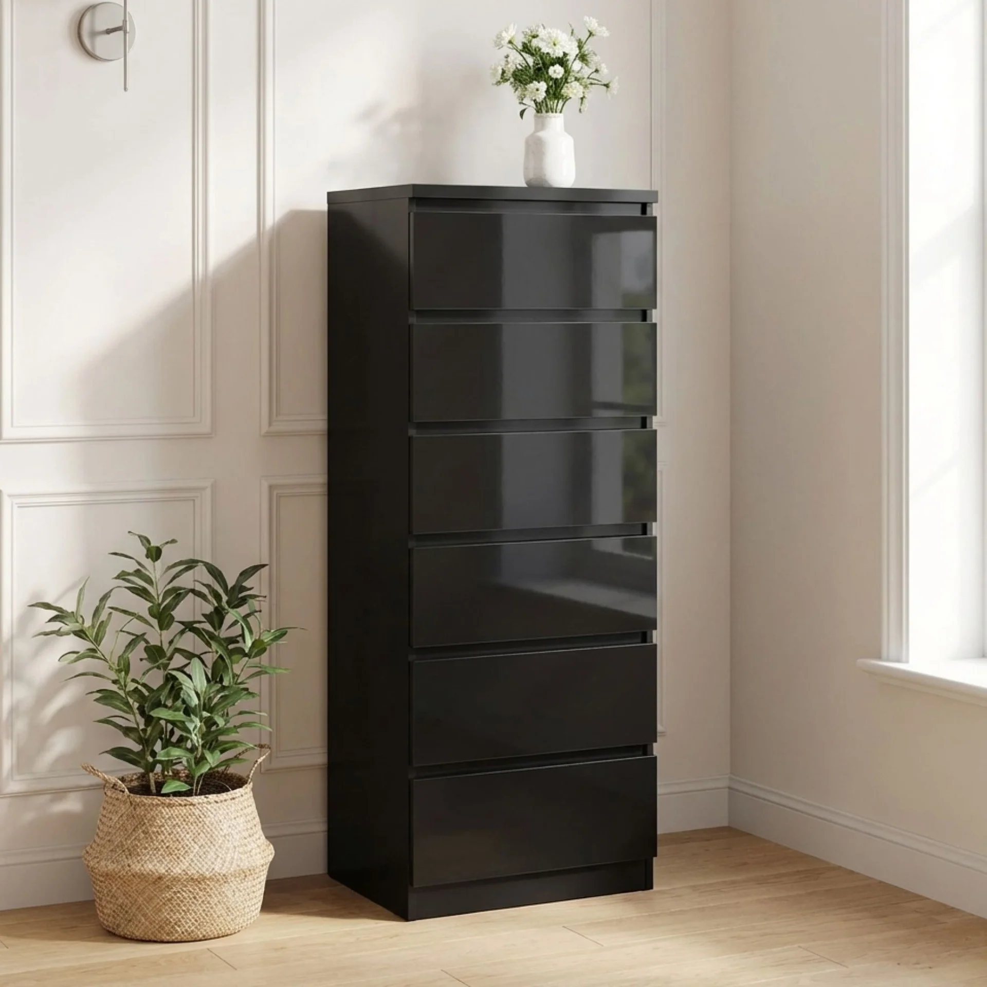 Angeles High Gloss 6 Drawer Slim Tallboy - Black - Image 3