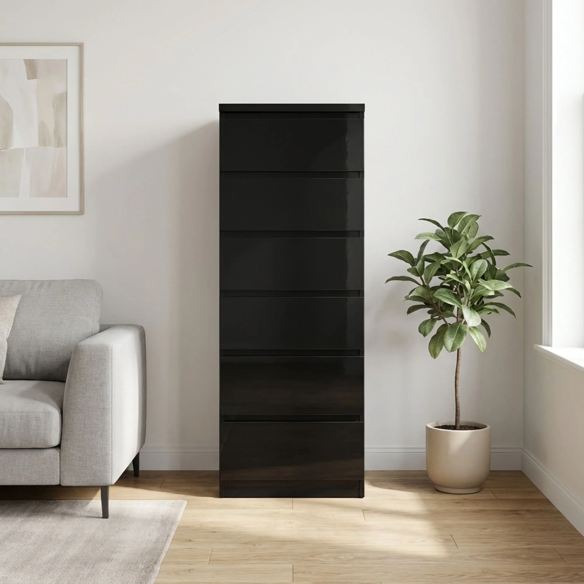 Angeles High Gloss 6 Drawer Slim Tallboy - Black - Image 4