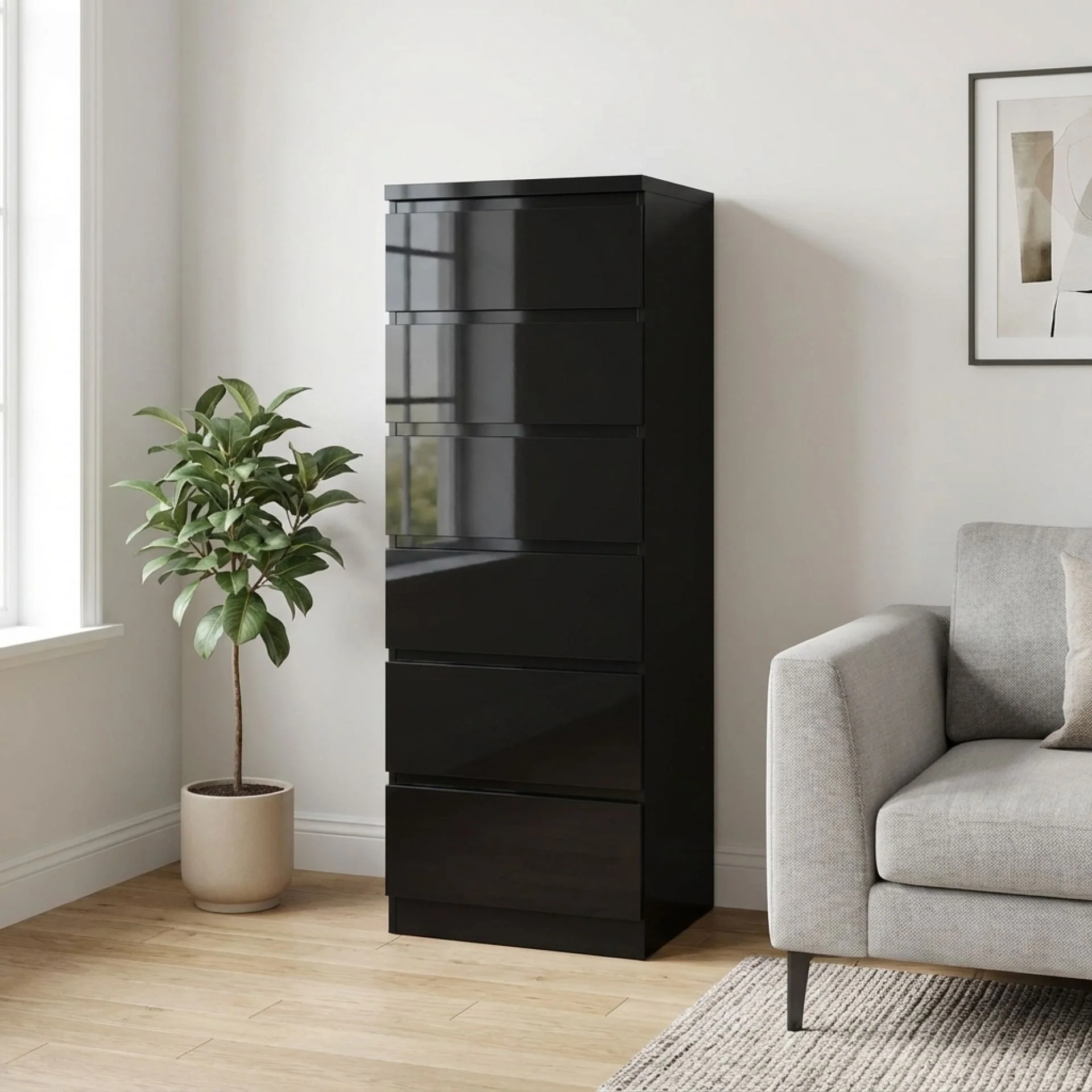 Angeles High Gloss 6 Drawer Slim Tallboy - Black - Image 5