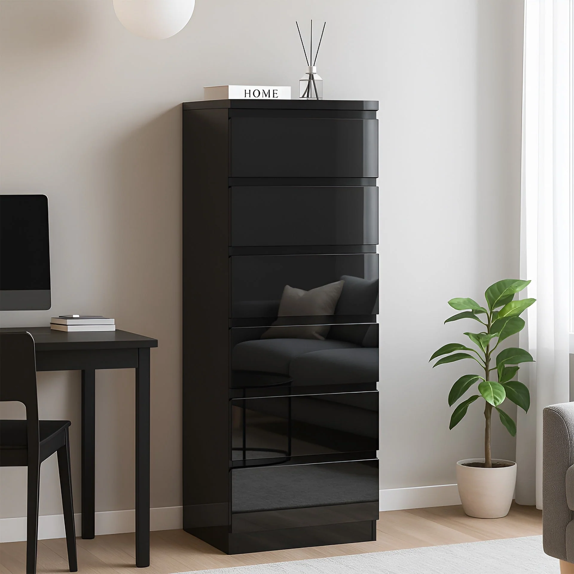 Angeles High Gloss 6 Drawer Slim Tallboy - Black - Image 6