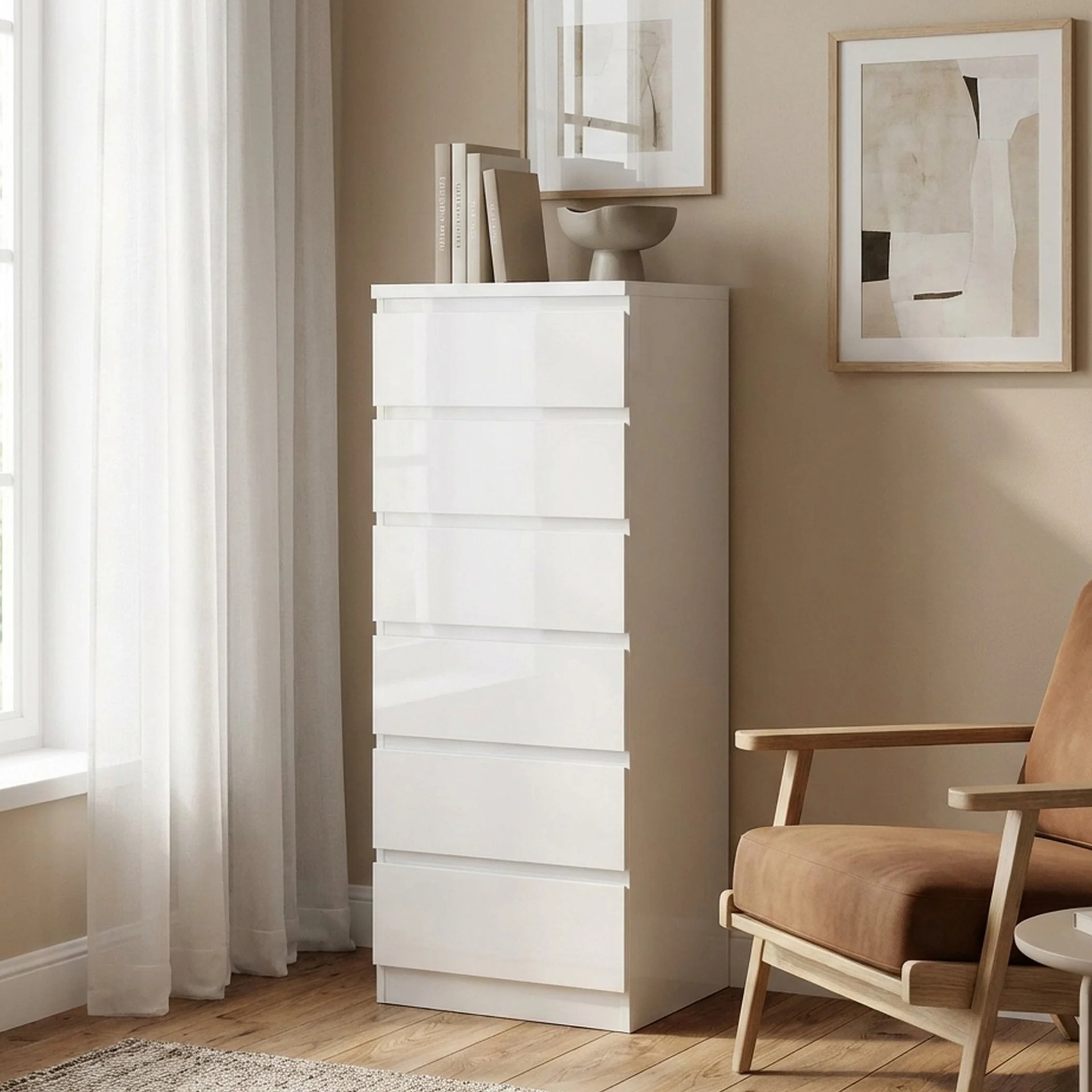Angeles High Gloss 6 Drawer Slim Tallboy - White