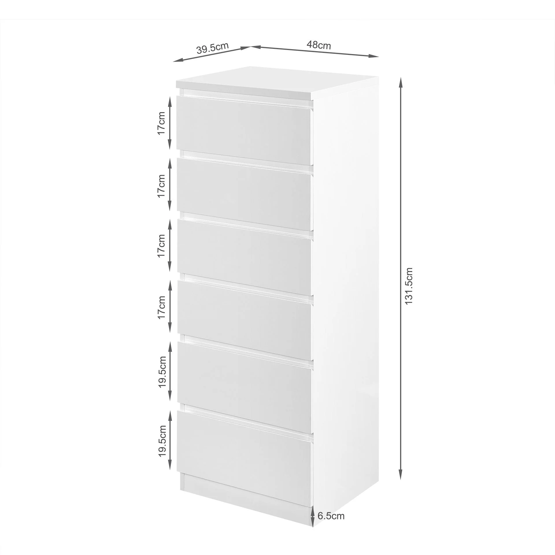Angeles High Gloss 6 Drawer Slim Tallboy - White - Image 11