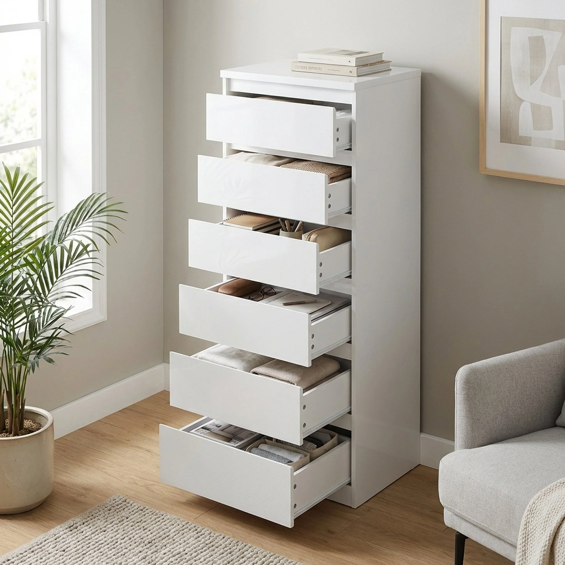 Angeles High Gloss 6 Drawer Slim Tallboy - White - Image 2