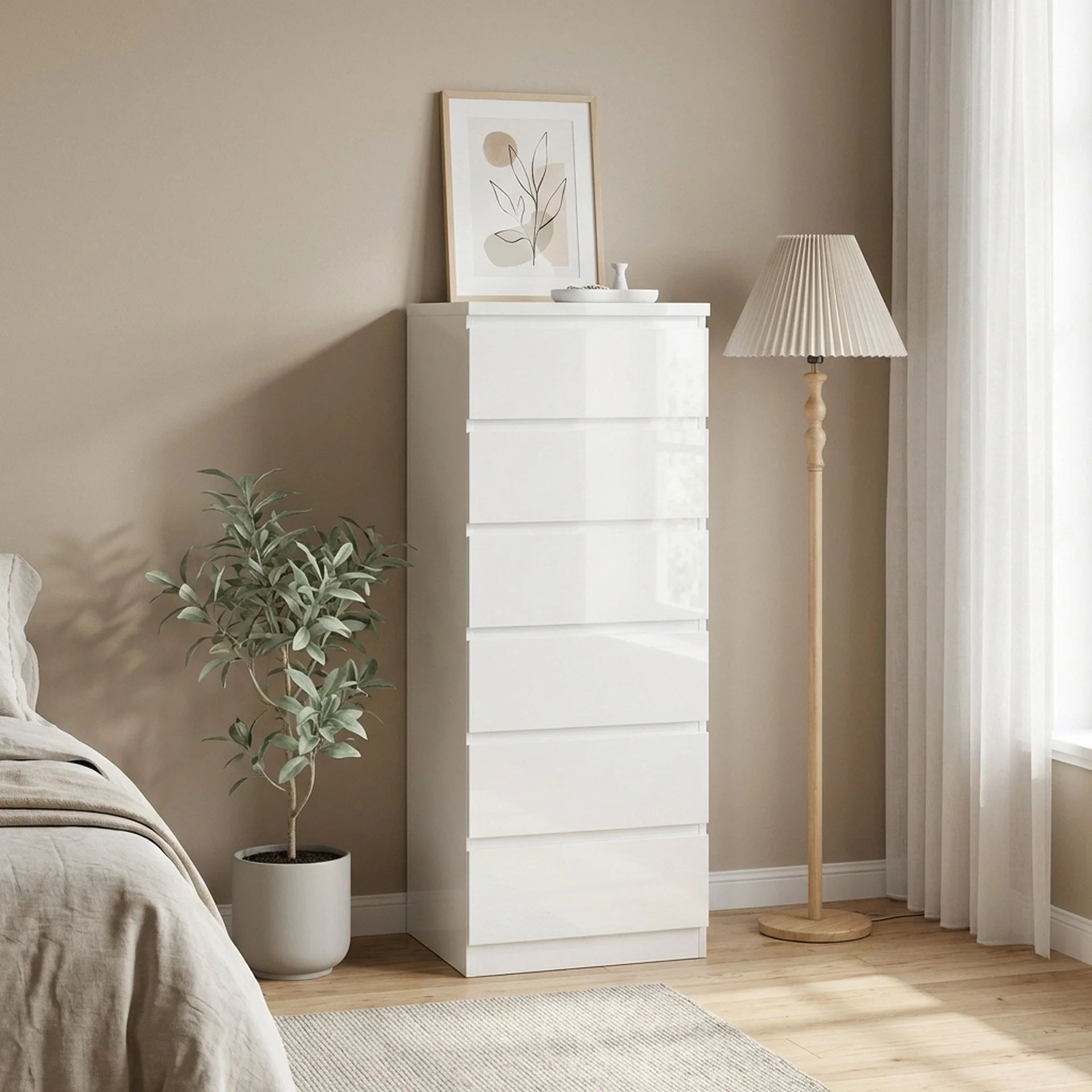 Angeles High Gloss 6 Drawer Slim Tallboy - White - Image 3