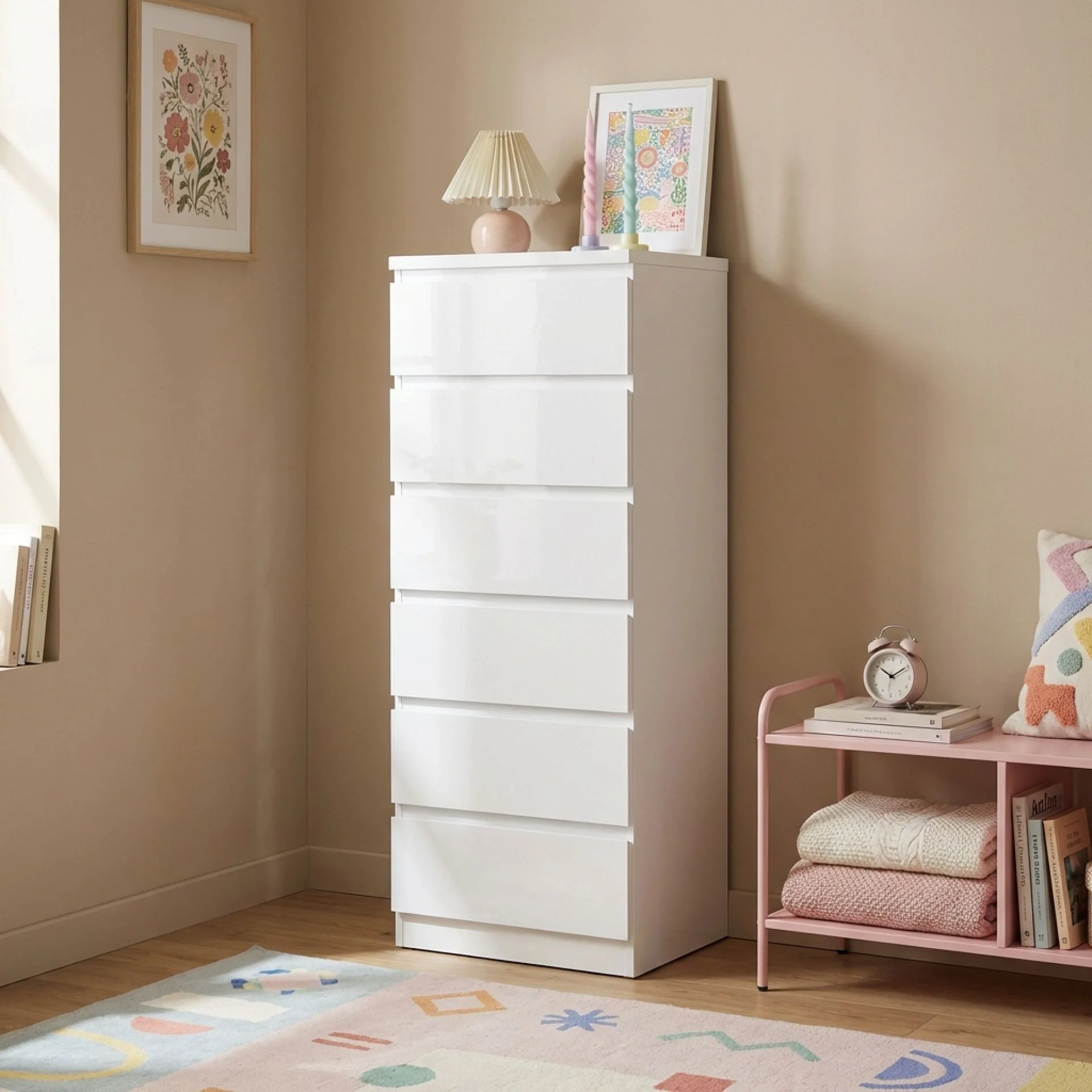 Angeles High Gloss 6 Drawer Slim Tallboy - White - Image 5
